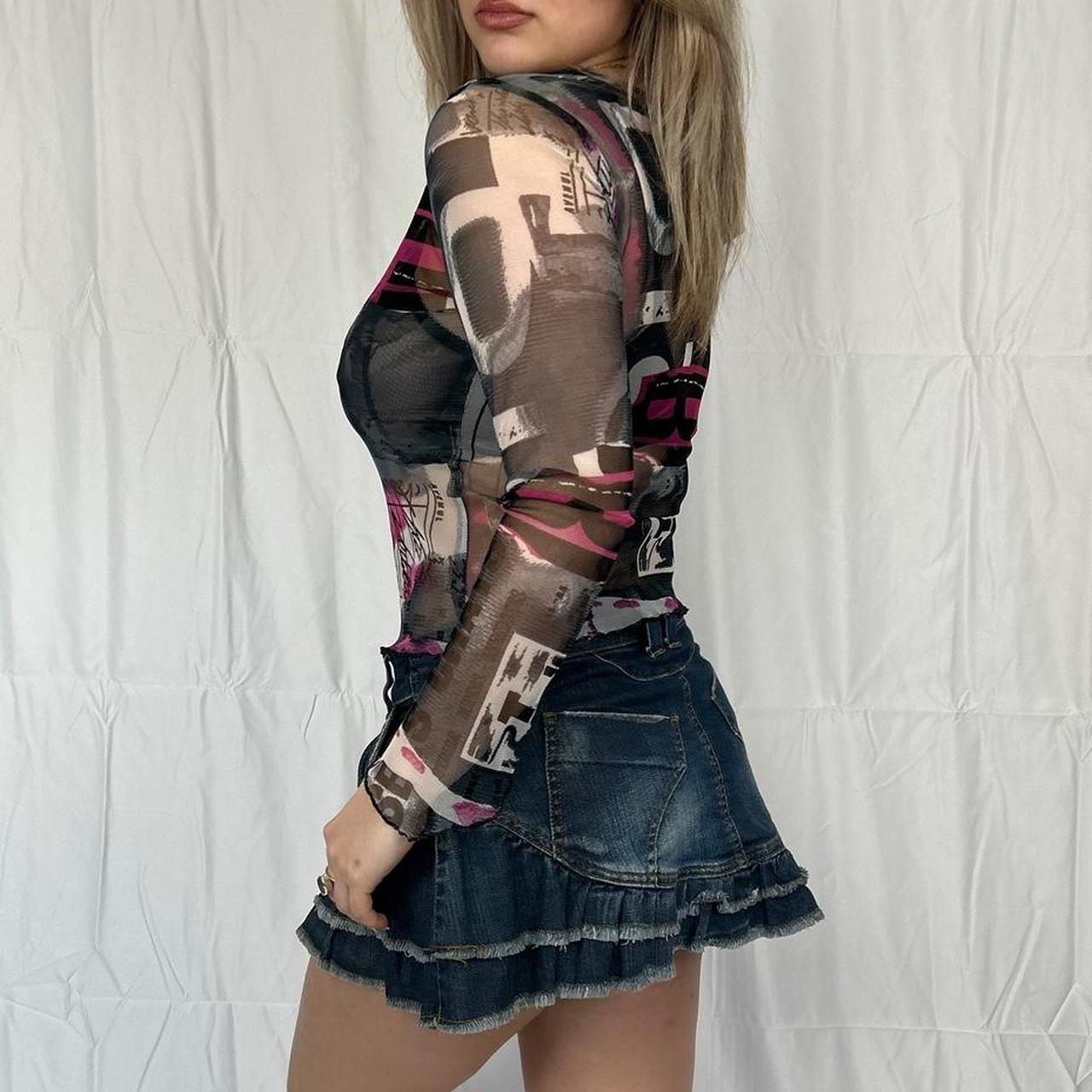 Vintage y2k style printed long sleeve mesh top