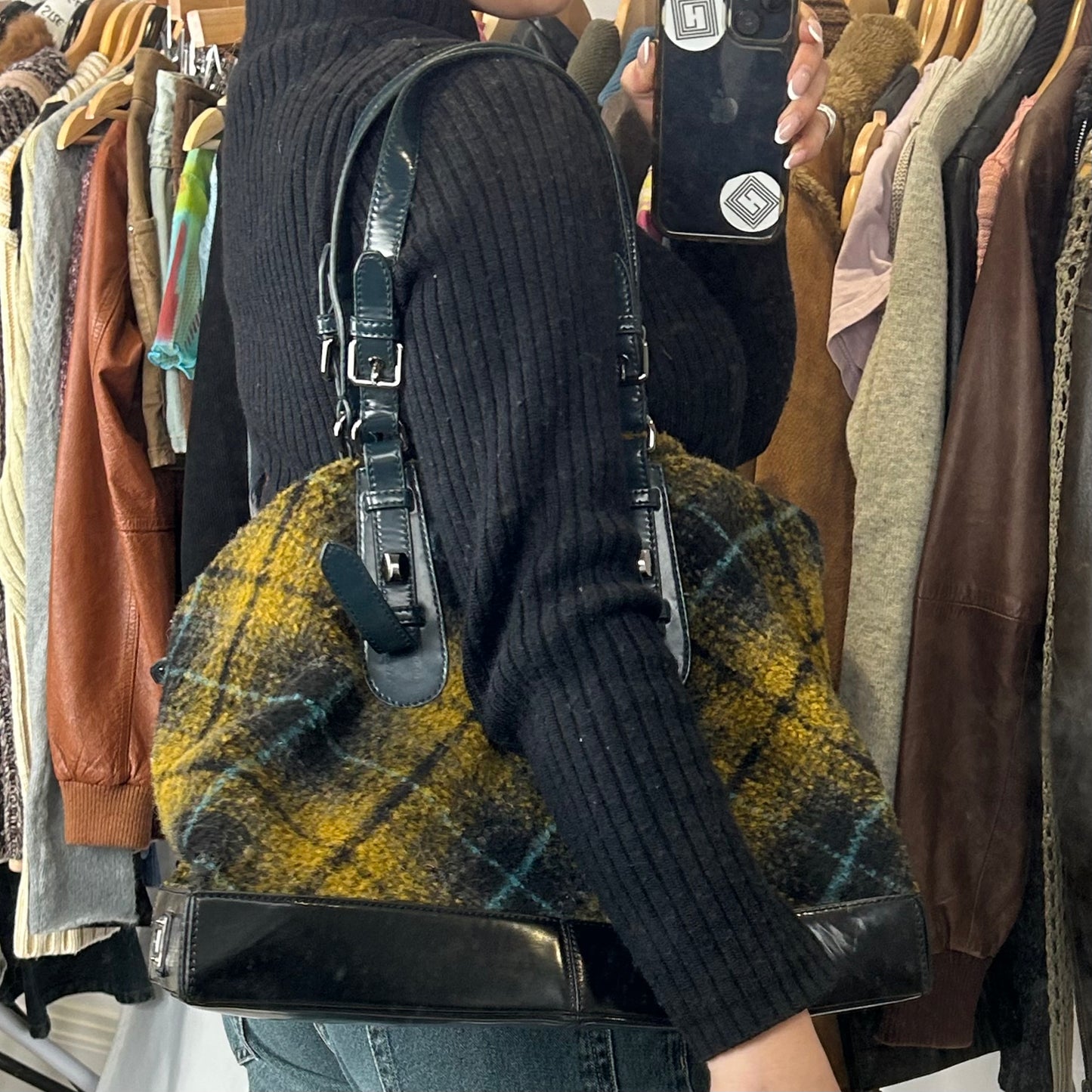 Vintage y2k style wool check & leather shoulder bag