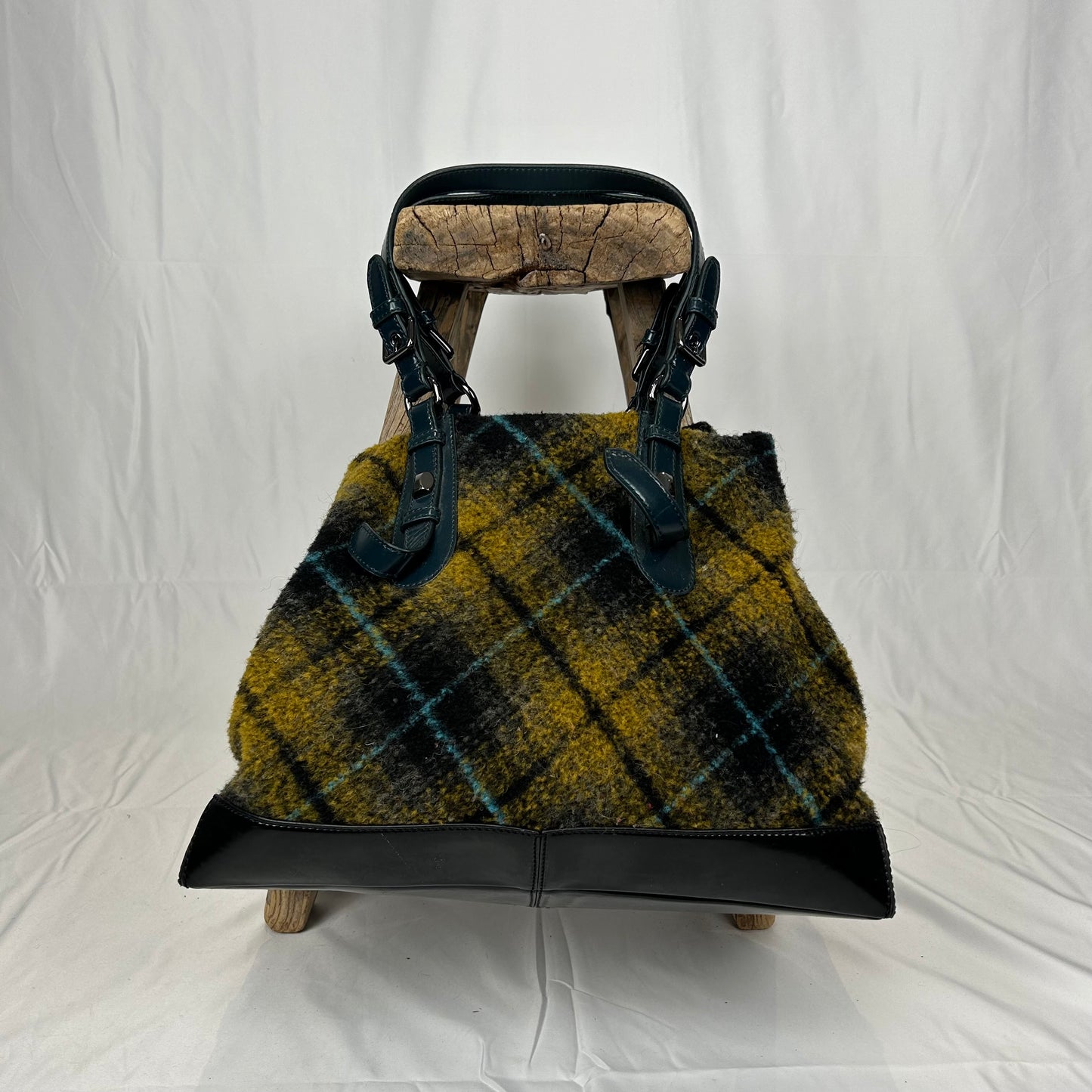 Vintage y2k style wool check & leather shoulder bag