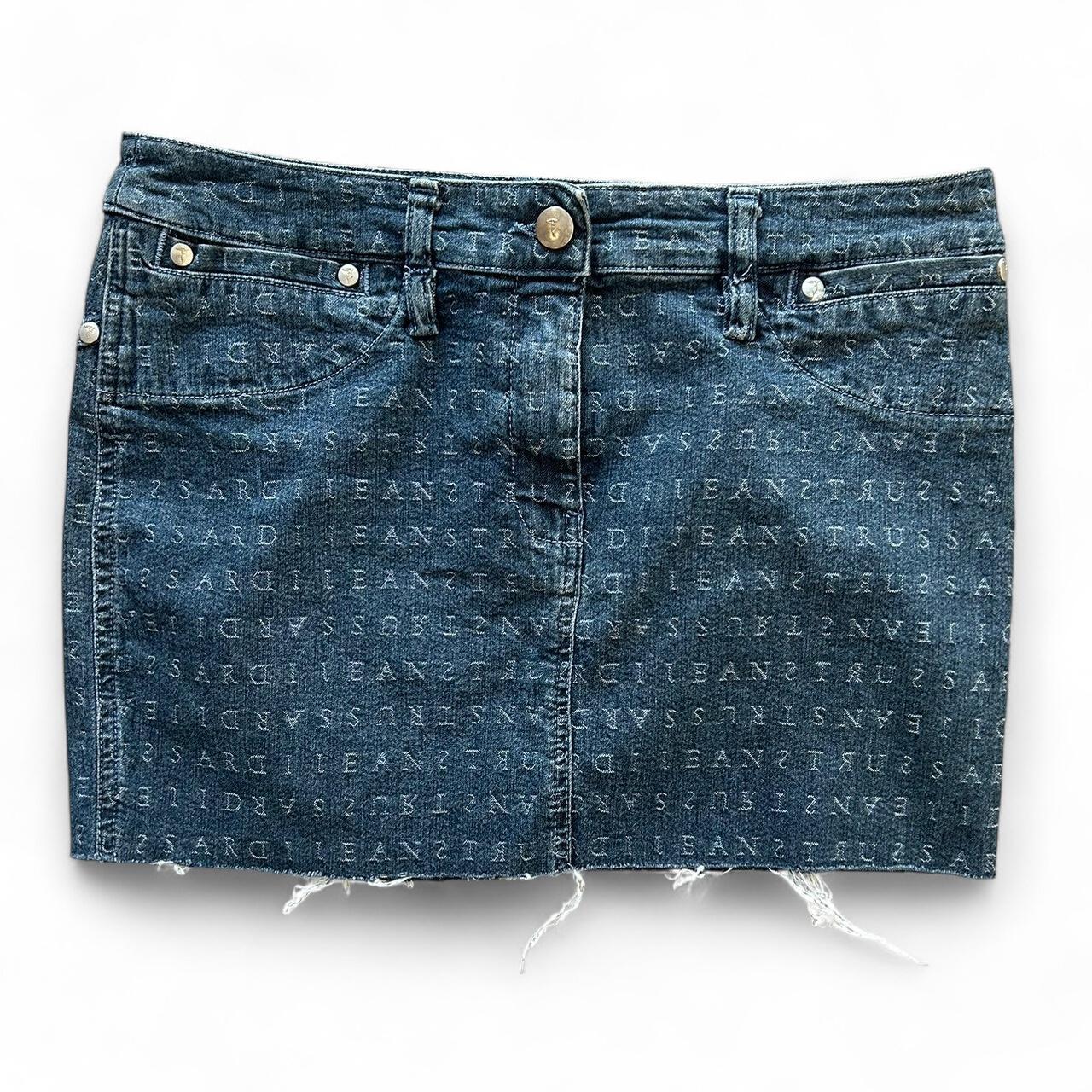 Vintage Y2K style dark wash printed denim mini skirt