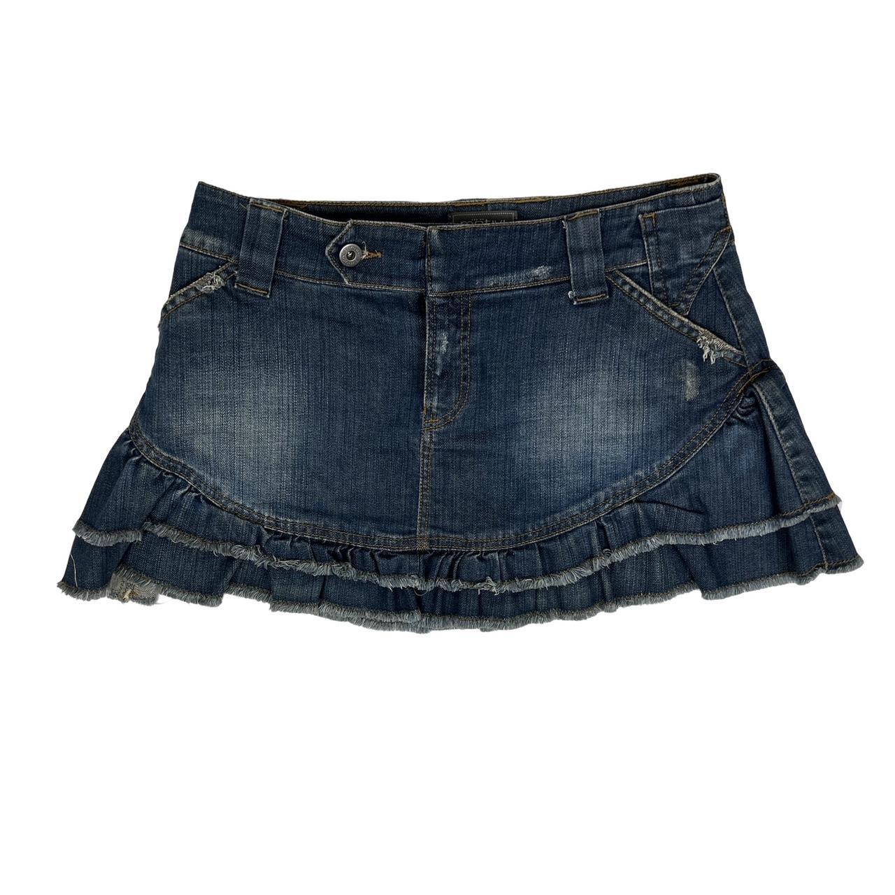 Vintage y2k style dark wash ruffled denim mini skirt