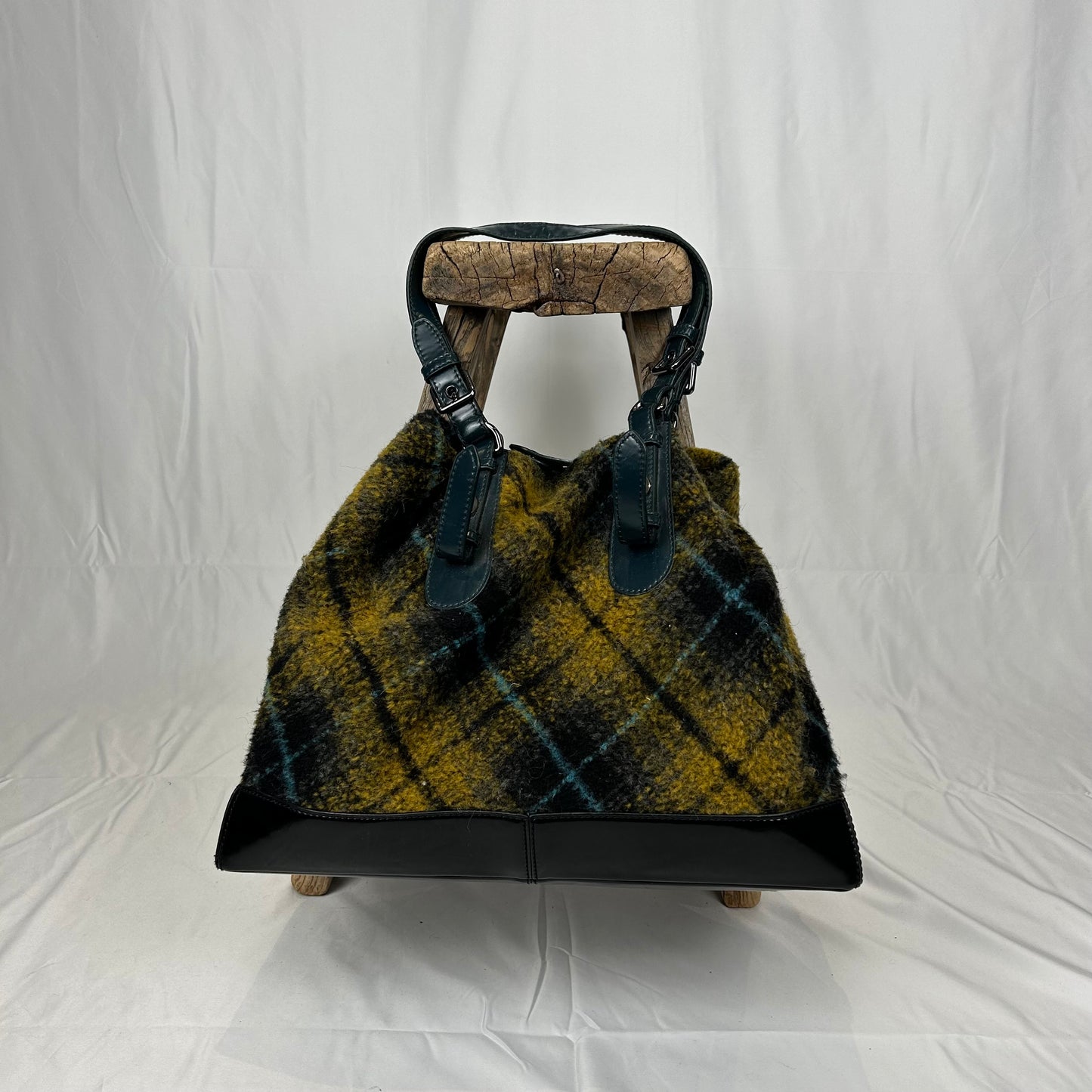 Vintage y2k style wool check & leather shoulder bag