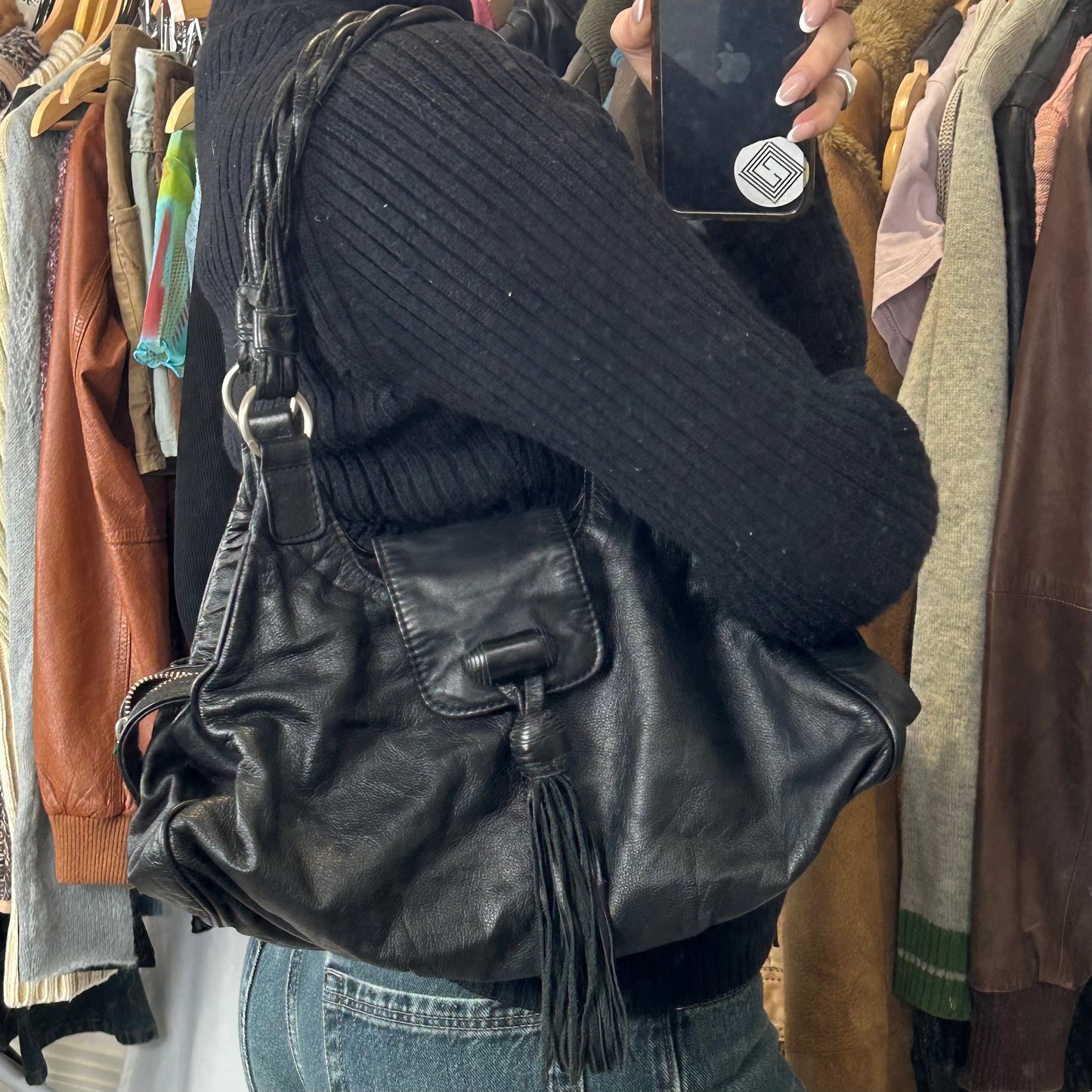Vintage y2k style black slouchy leather shoulder bag