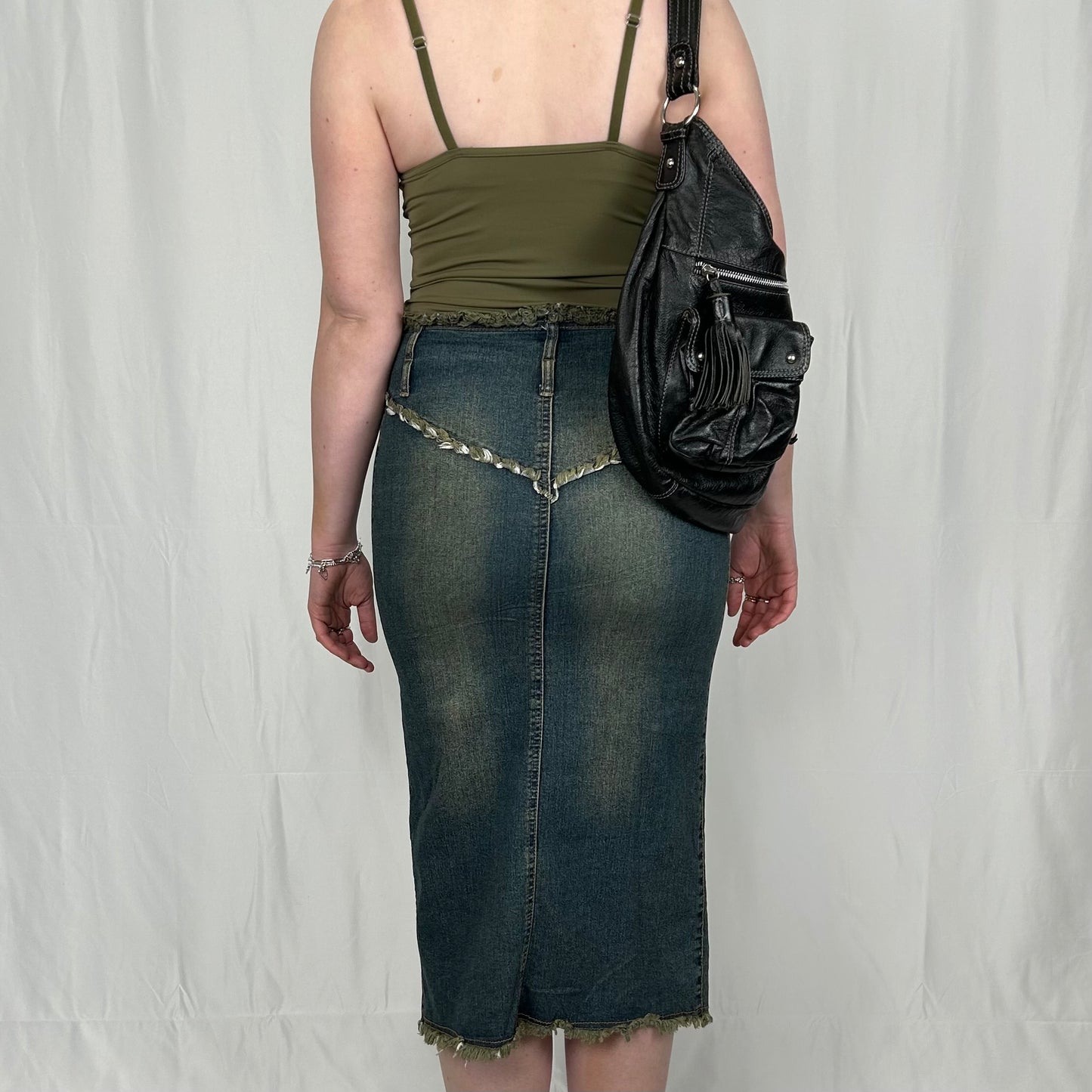 Vintage y2k style faded denim midi skirt