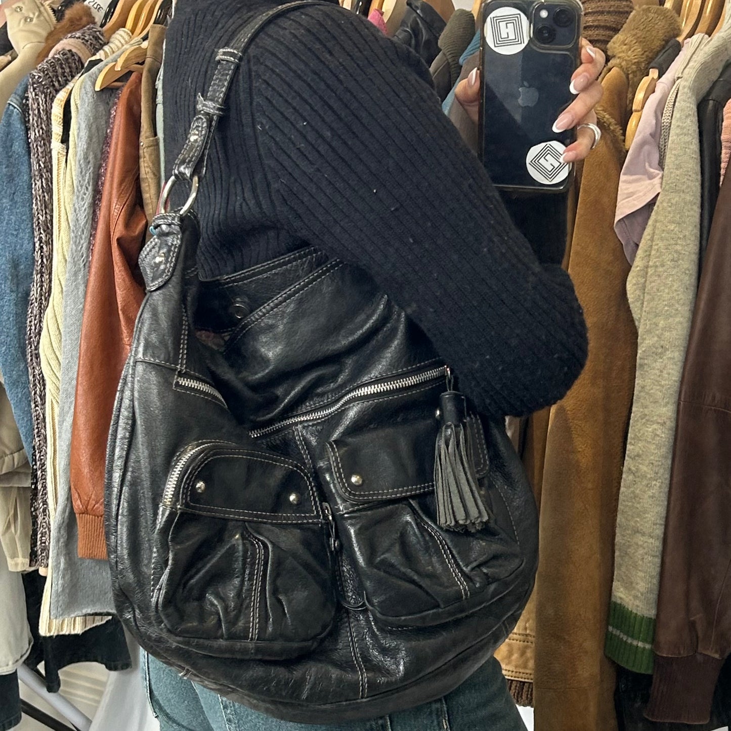 Vintage y2k style black slouchy hobo leather shoulder bag