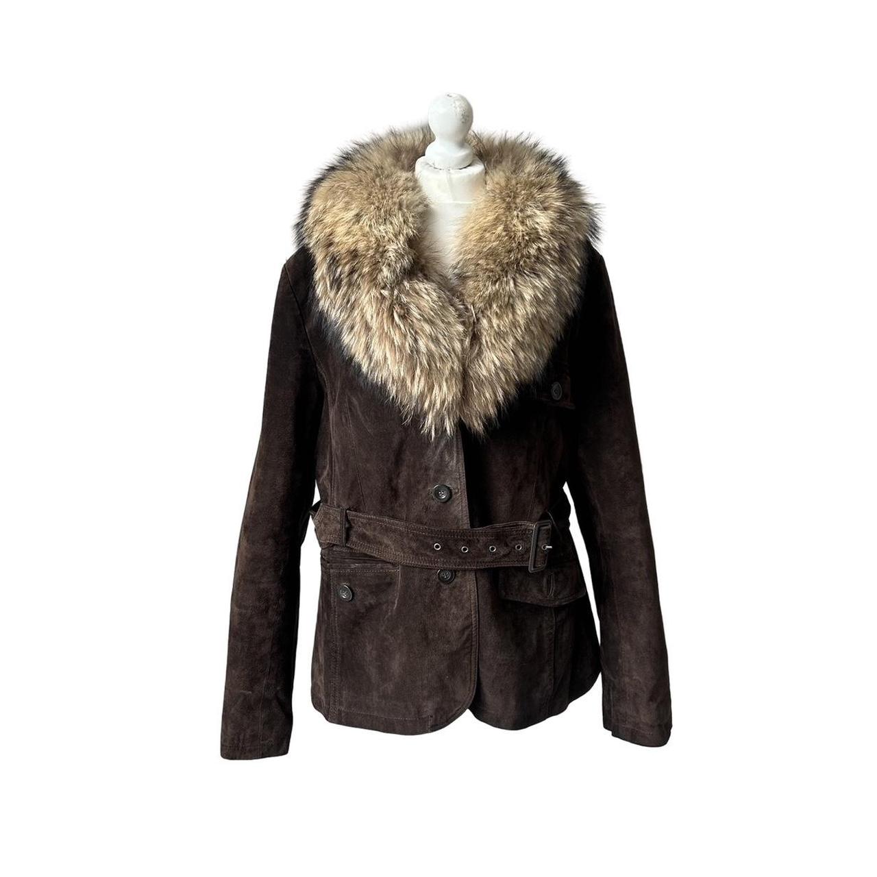 Vintage y2k style brown suede leather jacket with faux fur collar