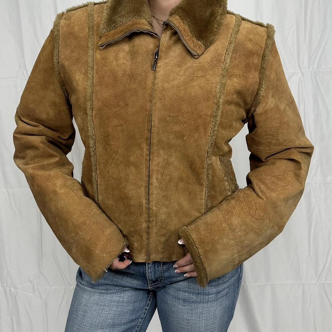 Vintage y2k style tan suede jacket with faux fur interior