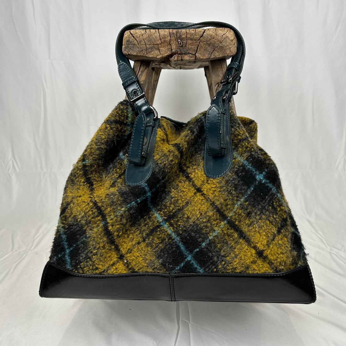 Vintage y2k style wool check & leather shoulder bag