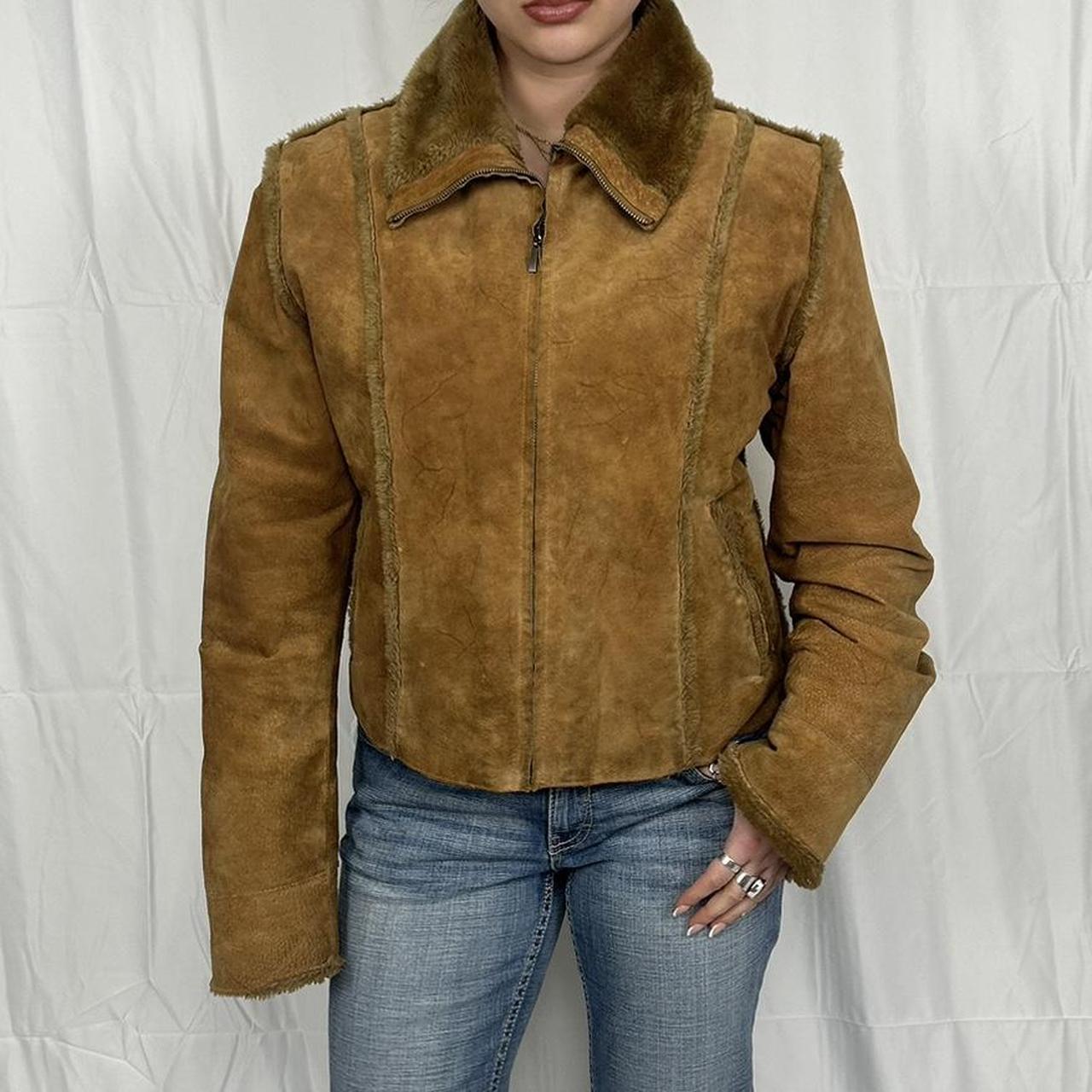 Vintage y2k style tan suede jacket with faux fur interior