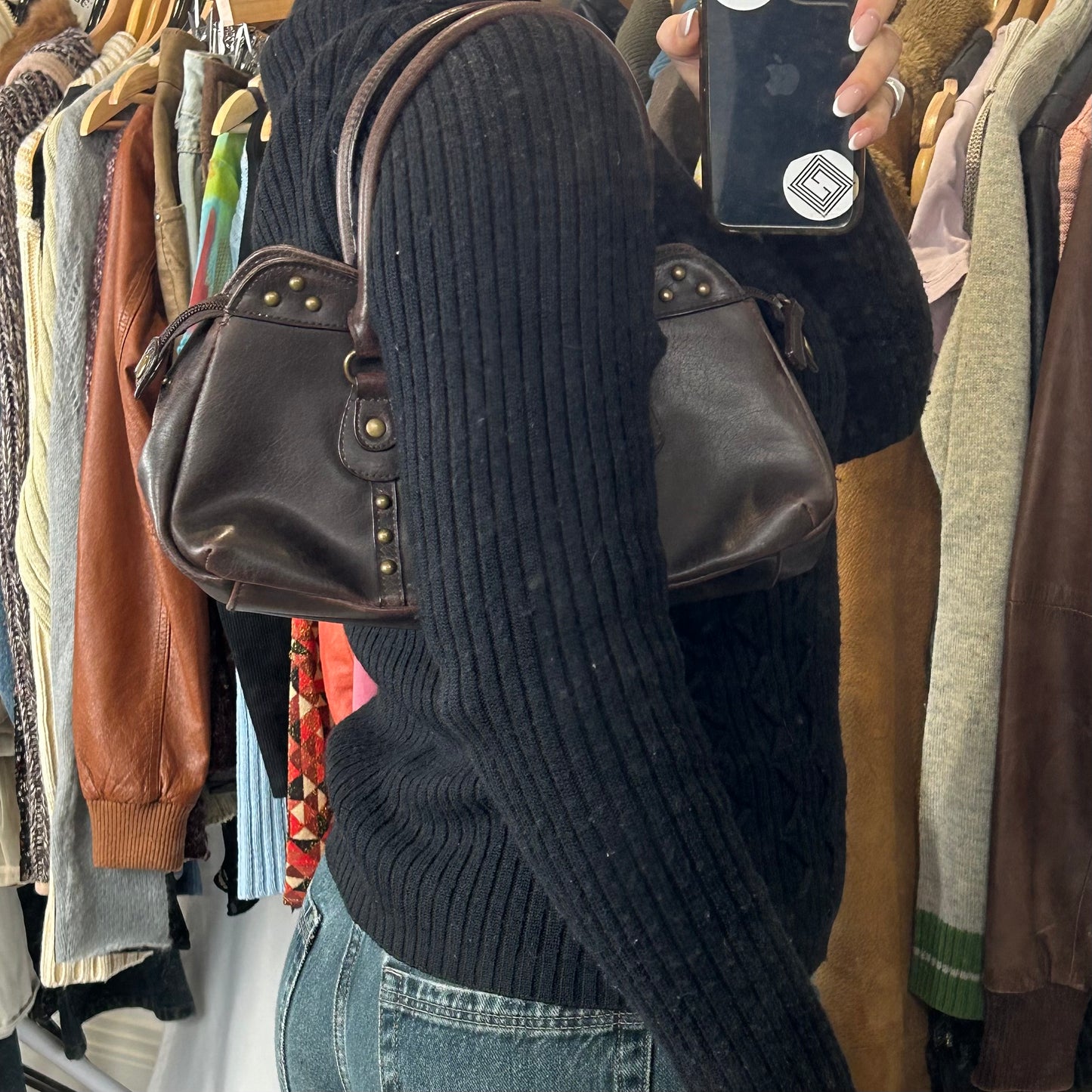 Vintage y2k style brown studded leather shoulder bag