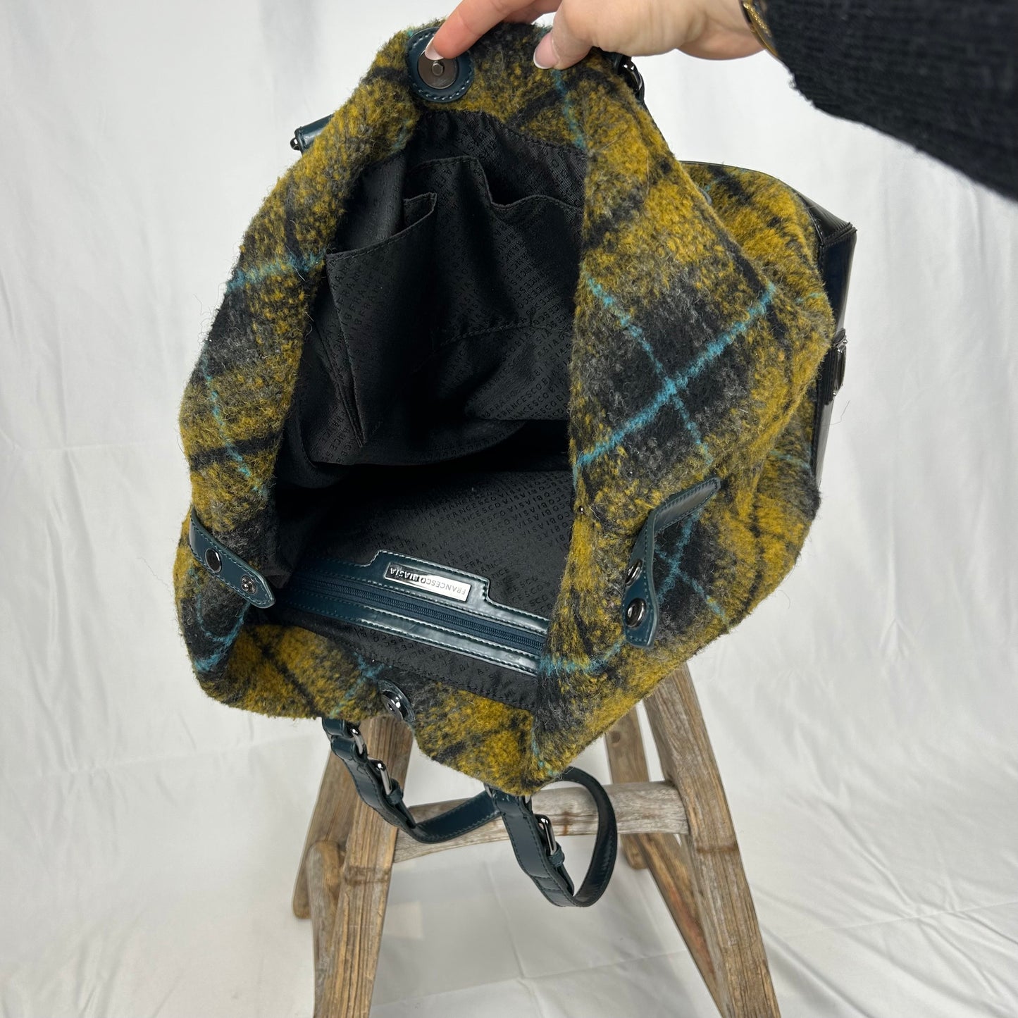 Vintage y2k style wool check & leather shoulder bag
