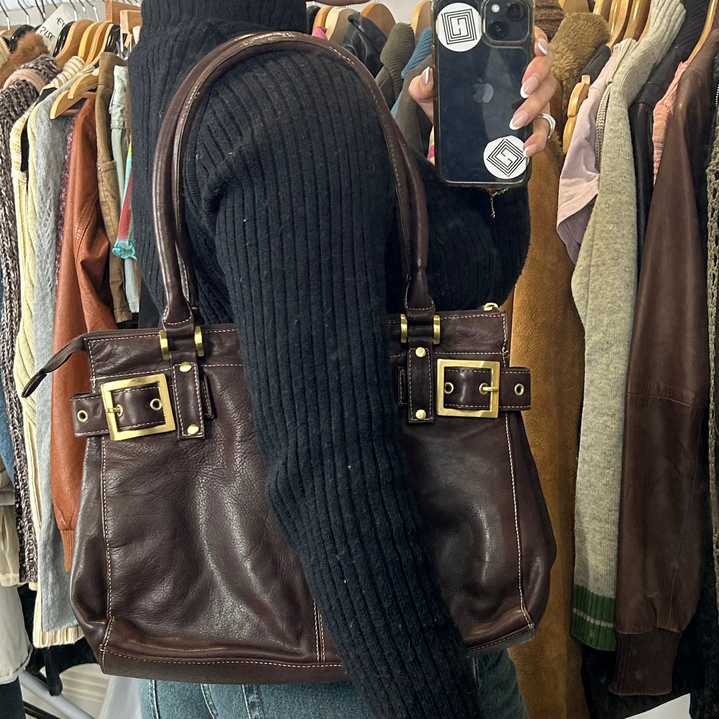 Vintage y2k style brown leather shoulder bag