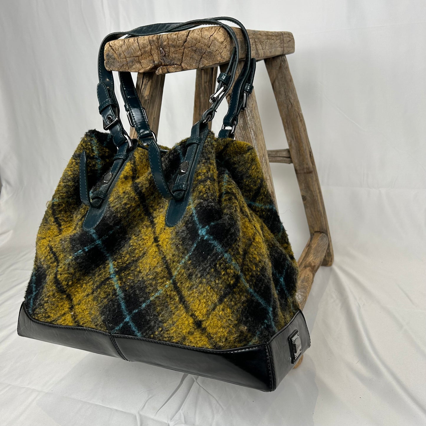 Vintage y2k style wool check & leather shoulder bag