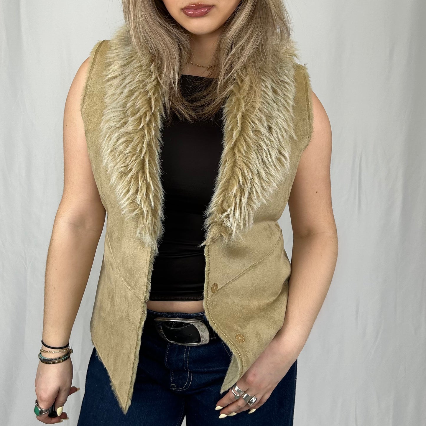 Vintage y2k style cream faux fur gilet