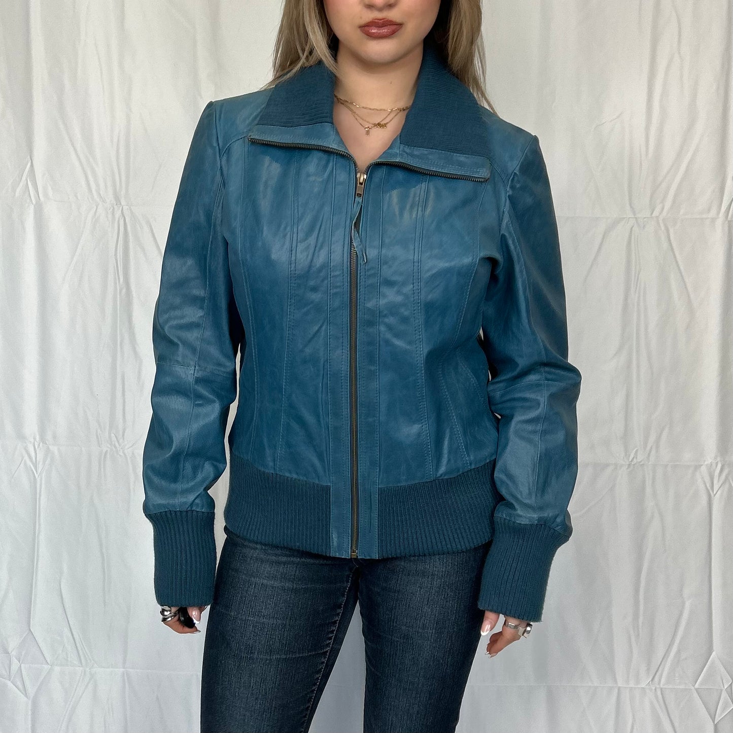 Vintage y2k style blue ribbed leather jacket