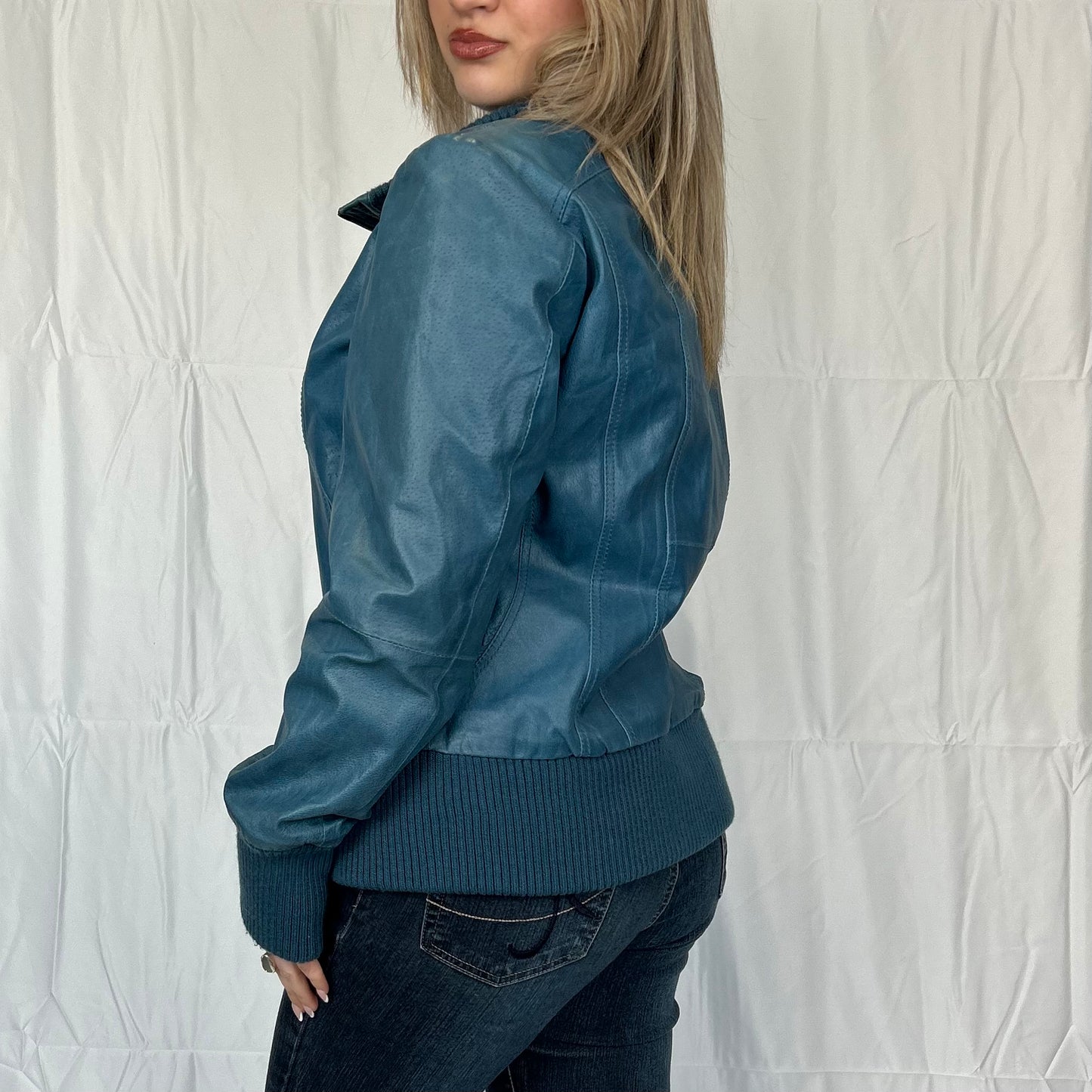 Vintage y2k style blue ribbed leather jacket