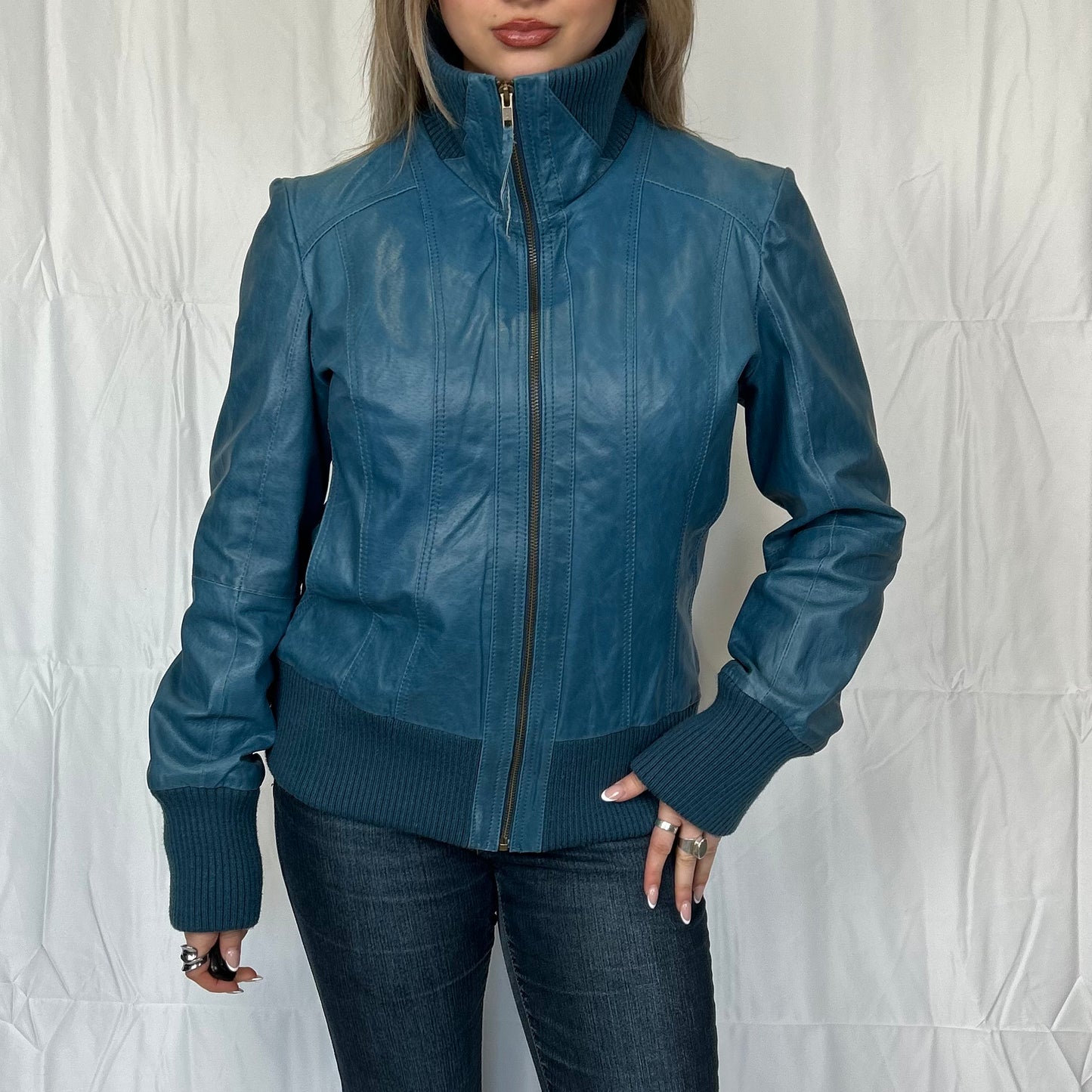 Vintage y2k style blue ribbed leather jacket