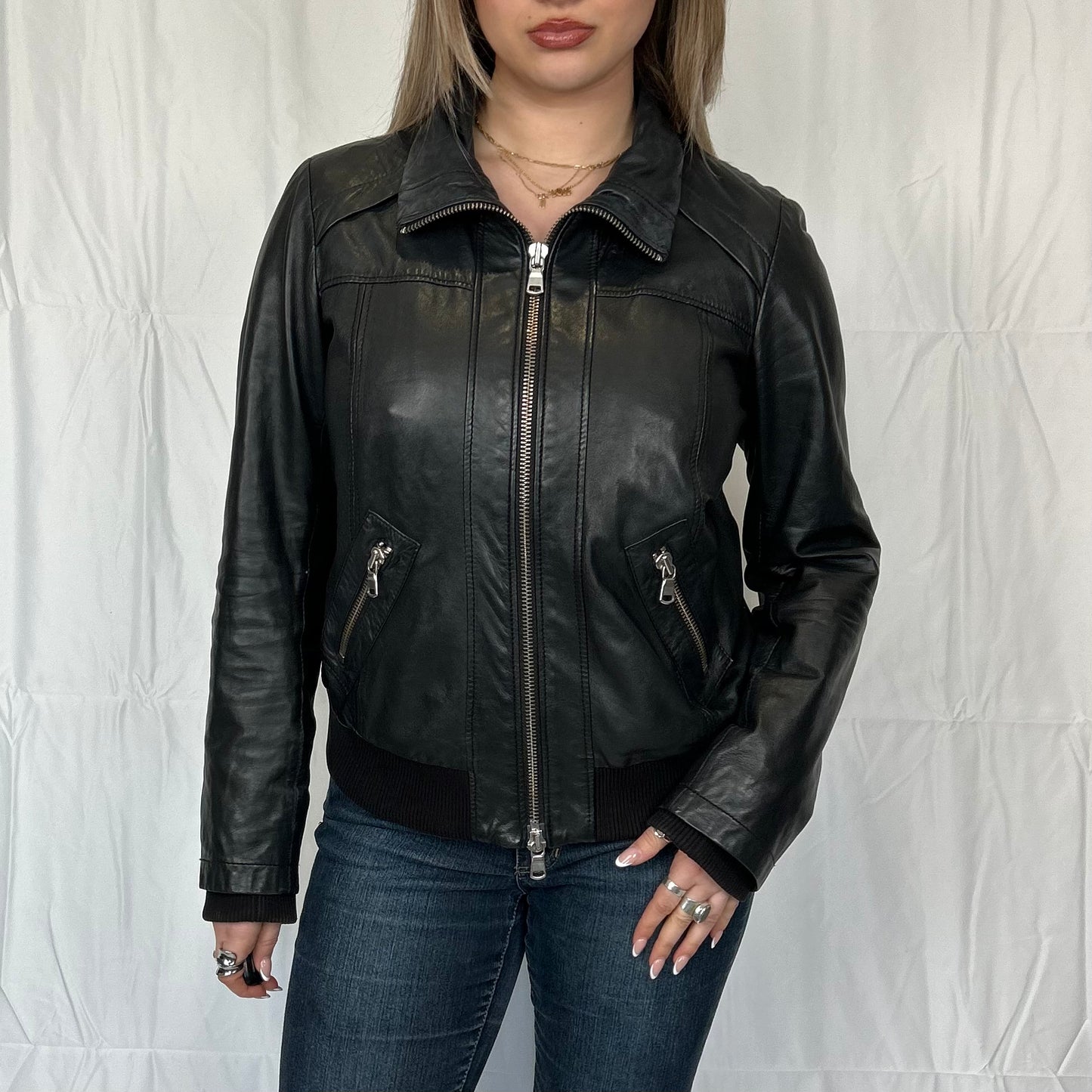 Vintage y2k style black slouchy leather jacket