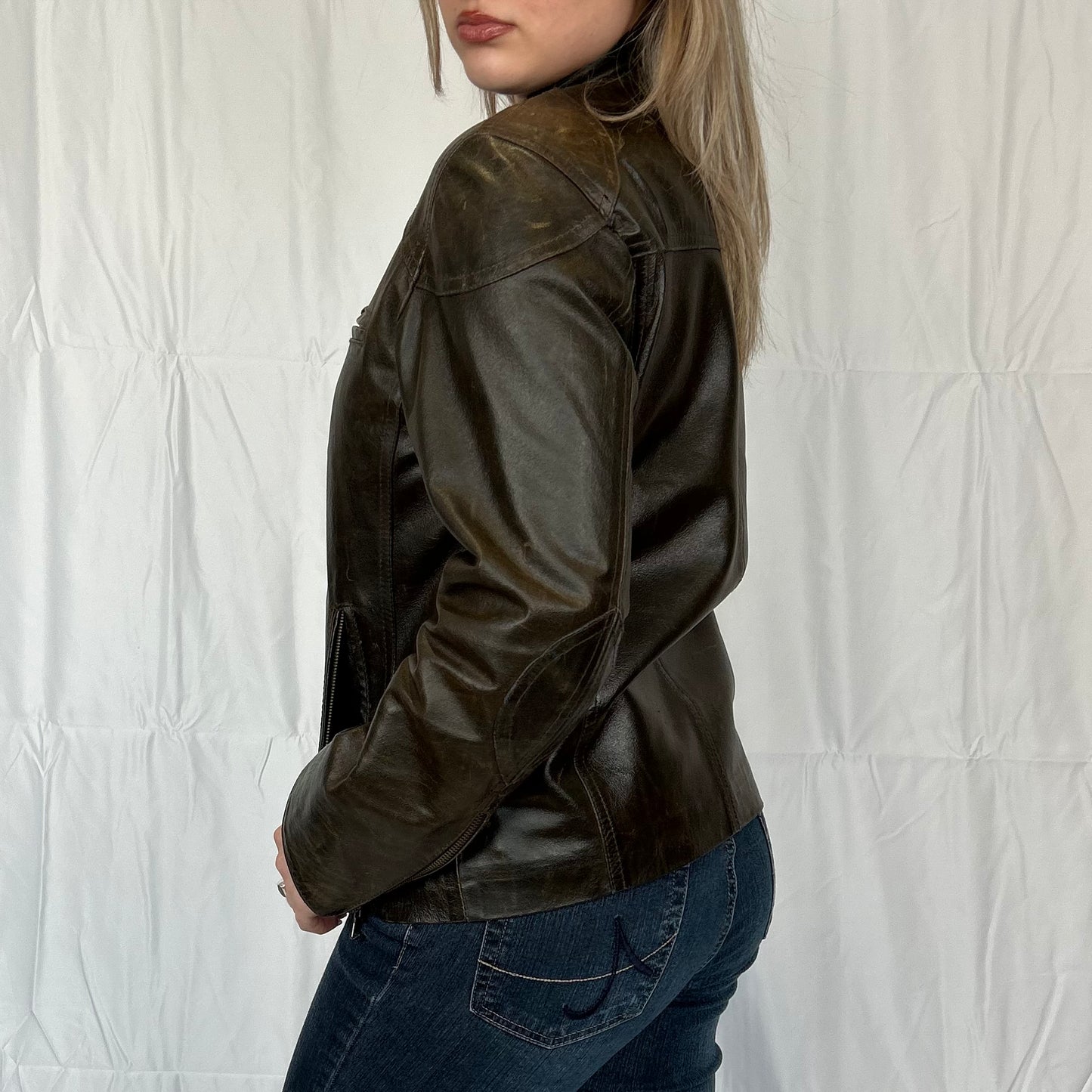 Vintage y2k style distressed brown leather moto jacket