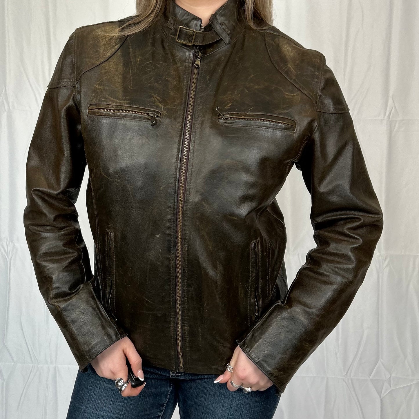 Vintage y2k style distressed brown leather moto jacket