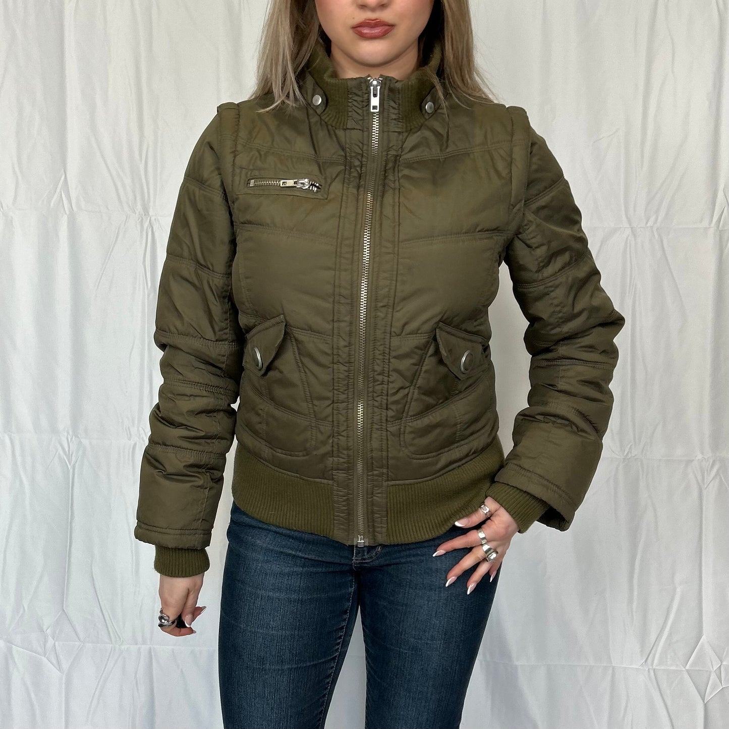 Vintage y2k style khaki puffer jacket with lace up detail