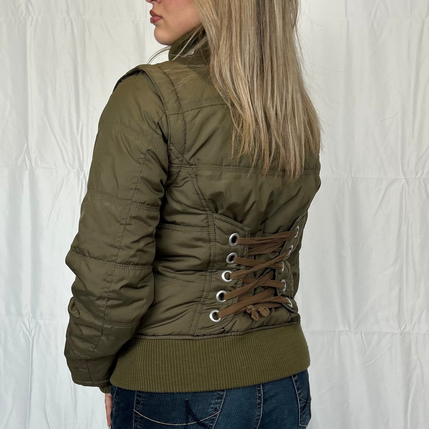 Vintage y2k style khaki puffer jacket with lace up detail