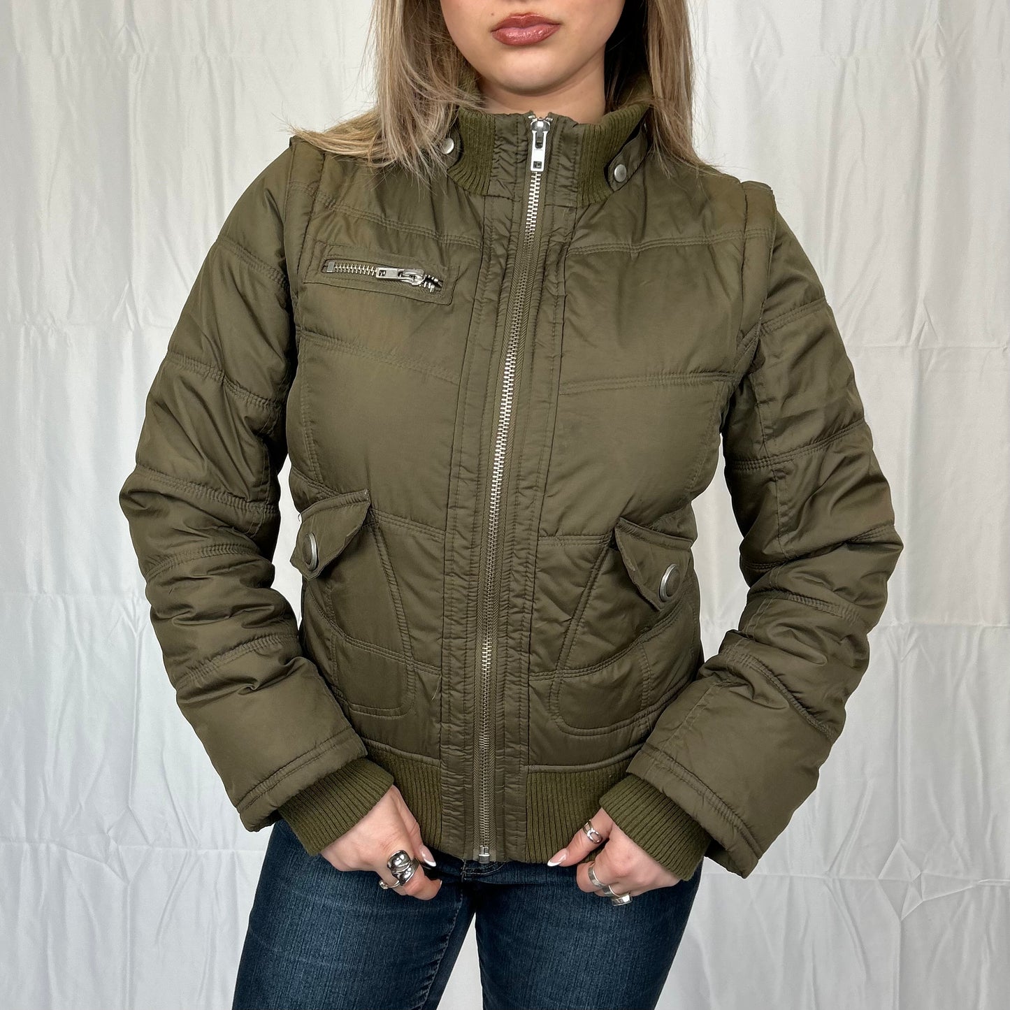 Vintage y2k style khaki puffer jacket with lace up detail