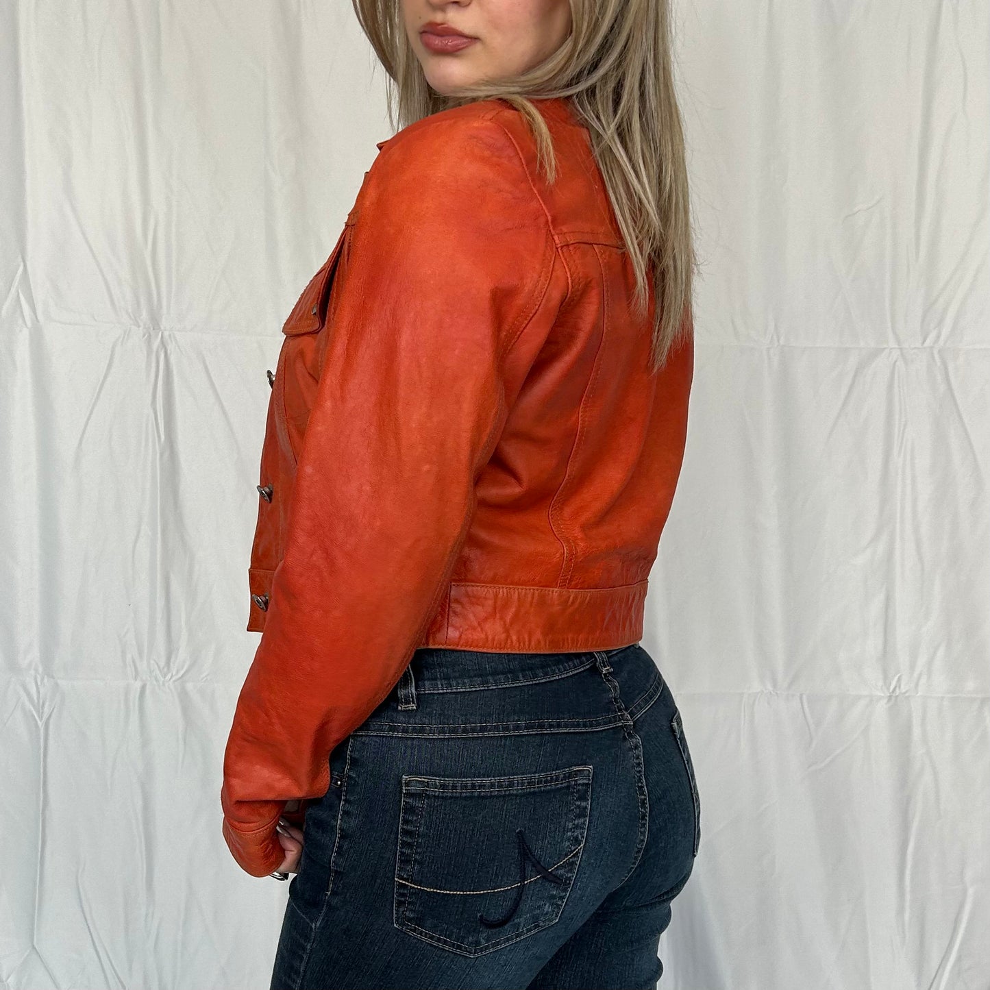 Vintage y2k style orange cropped leather jacket