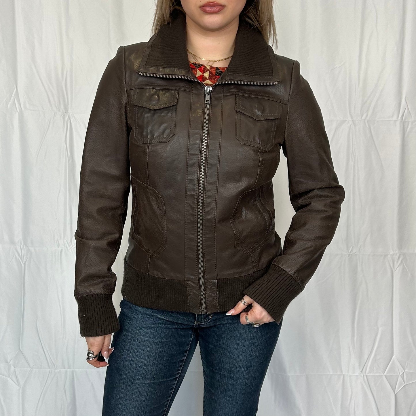 Vintage y2k style brown leather ribbed jacket