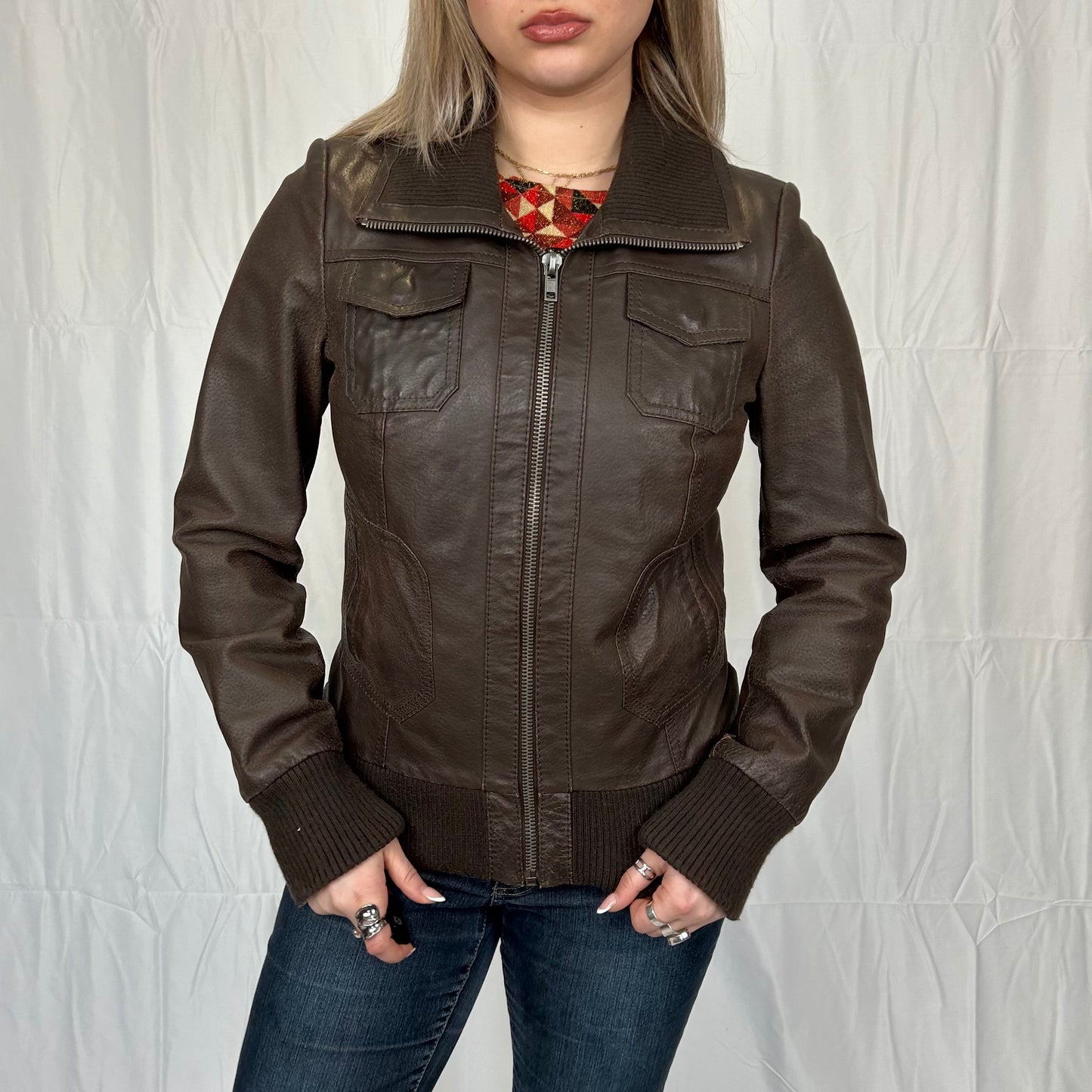 Vintage y2k style brown leather ribbed jacket