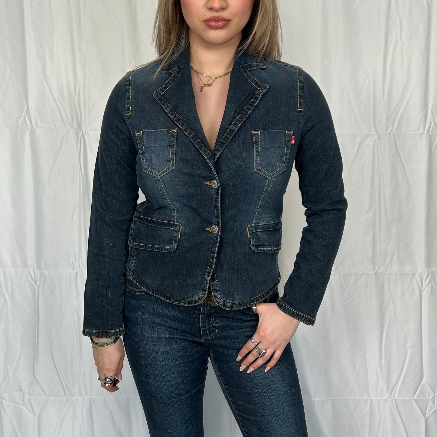Vintage y2k style dark wash denim jacket