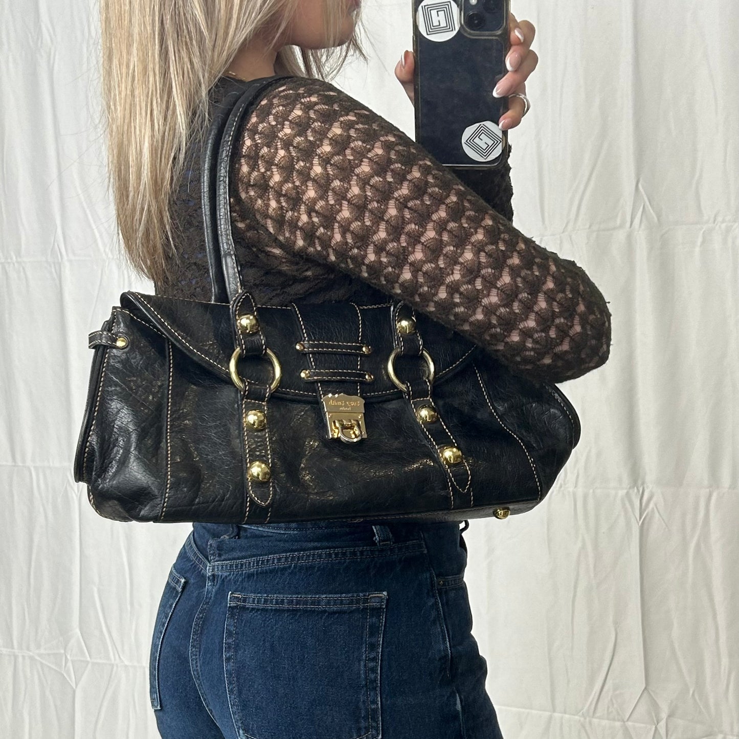 Vintage y2k style black leather shoulder bag