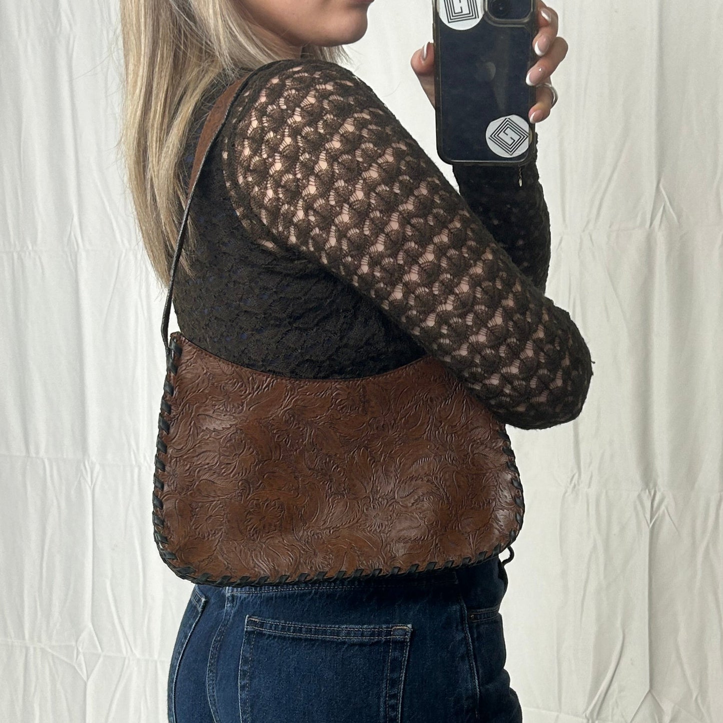 Vintage y2k style brown embossed faux leather shoulder bag