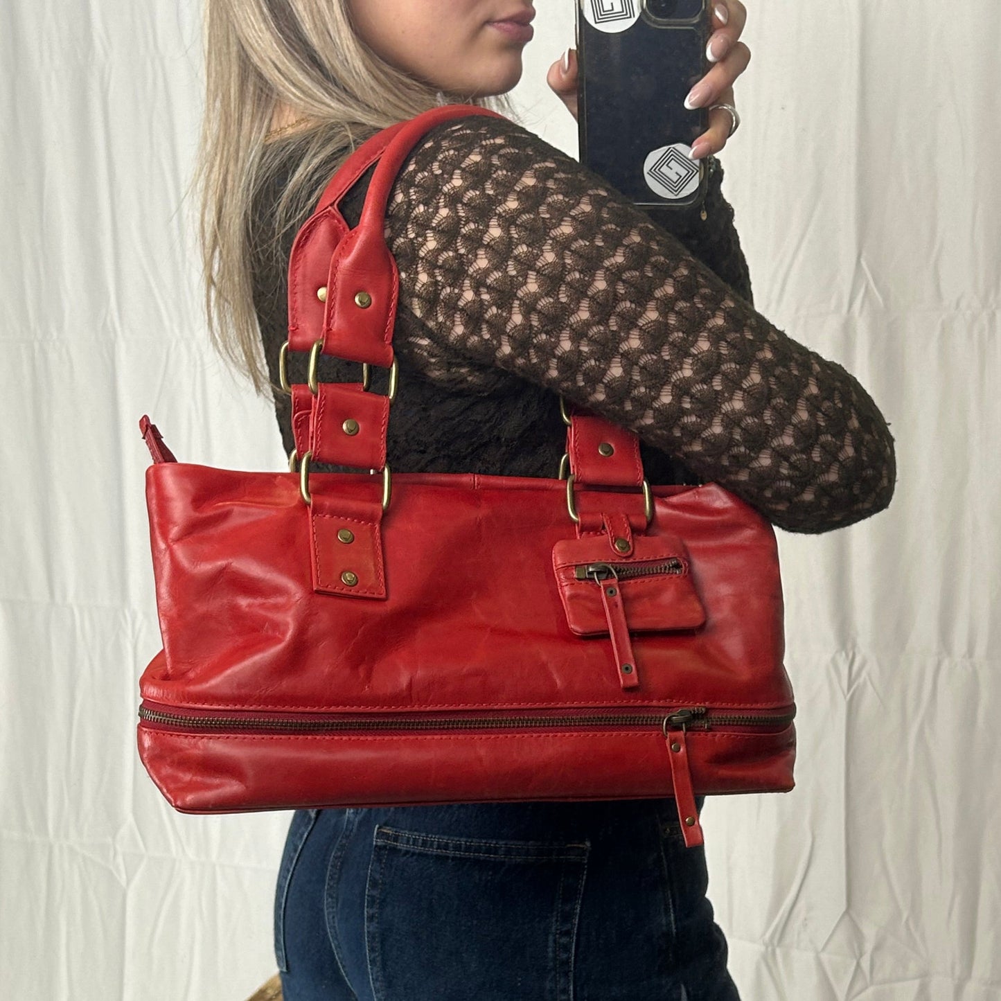 Vintage y2k style soft red leather shoulder bag