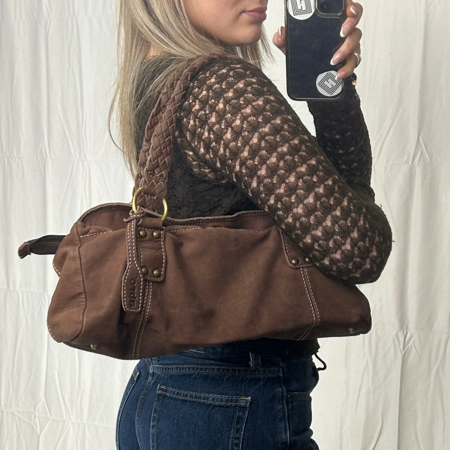 Vintage y2k style soft slouchy brown leather shoulder bag