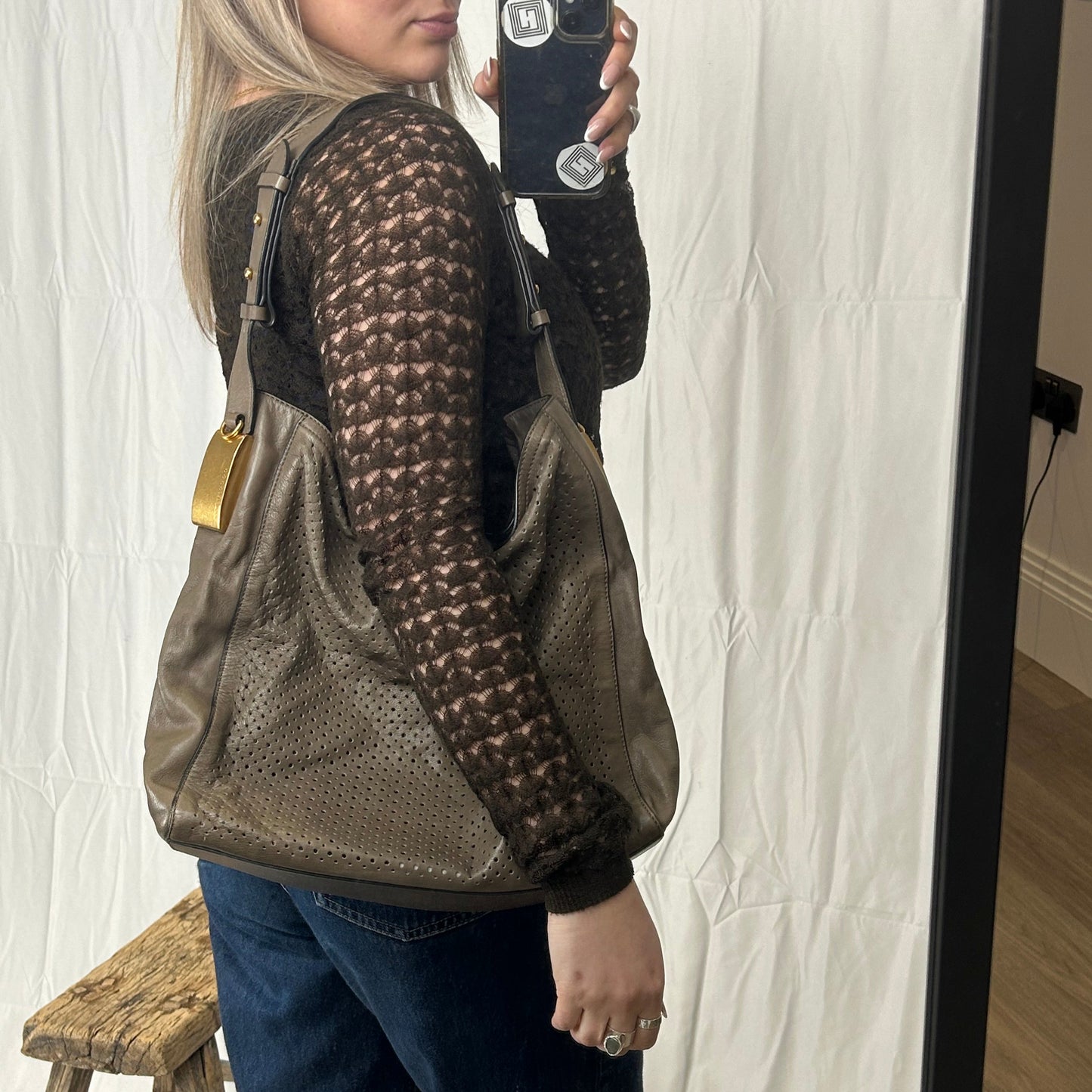 Vintage y2k style grey leather slouchy hobo bag