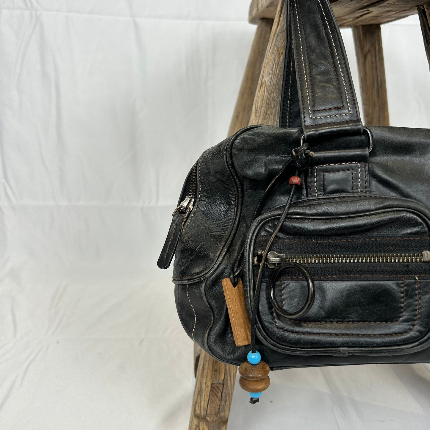 Vintage y2k style distressed dark brown leather shoulder bag