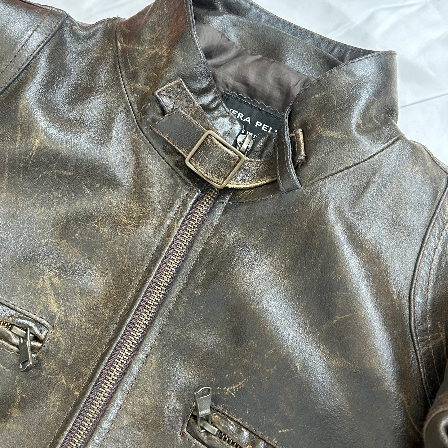 Vintage y2k style distressed brown leather moto jacket