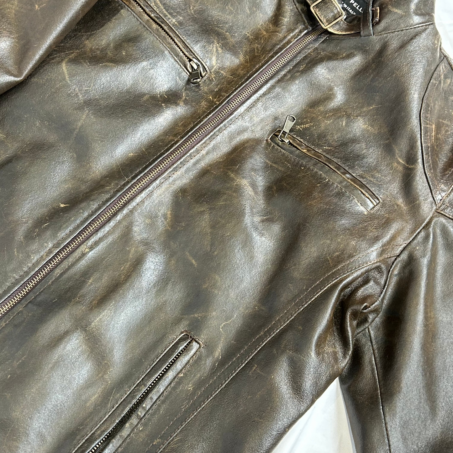 Vintage y2k style distressed brown leather moto jacket