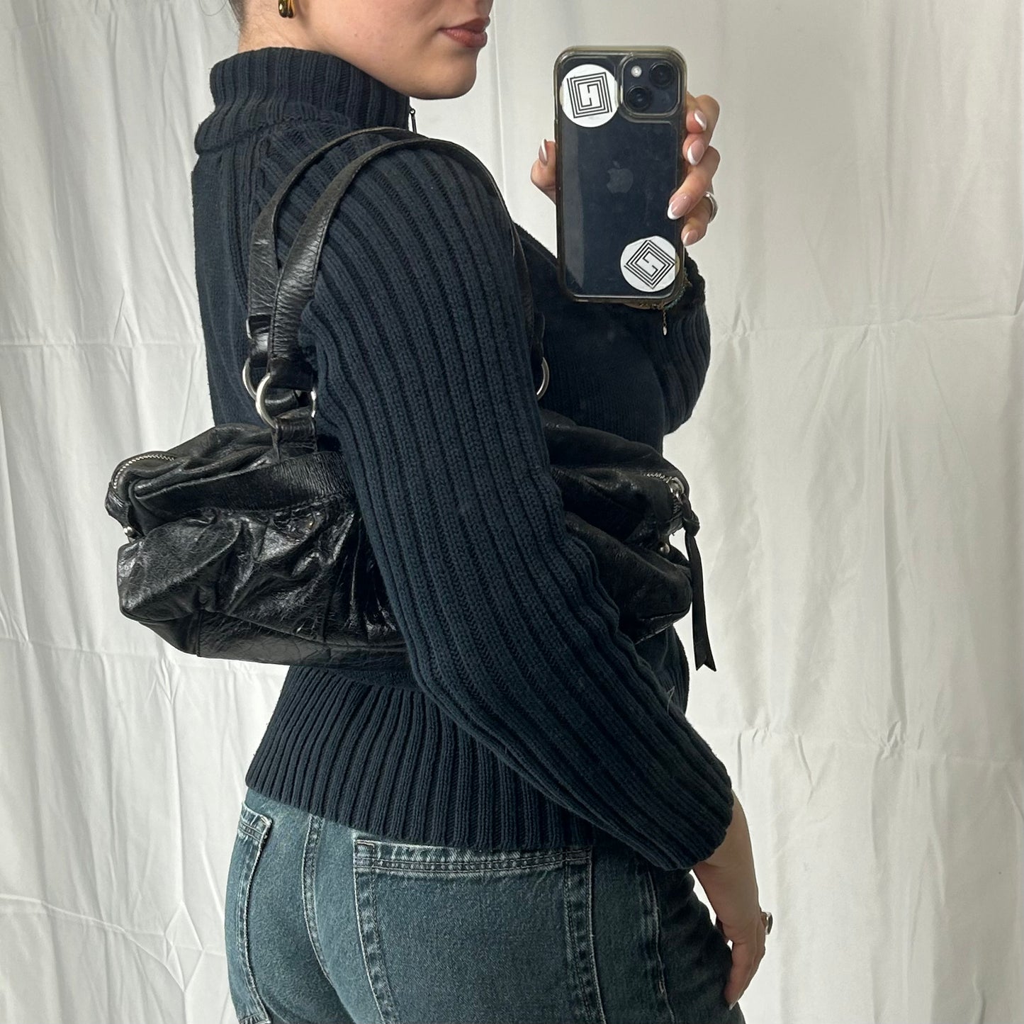 Vintage y2k style black leather shoulder bag