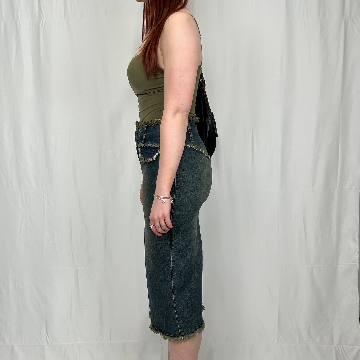 Vintage y2k style faded denim midi skirt