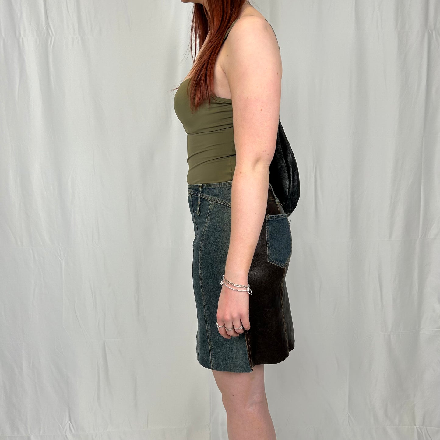 Vintage y2k style denim and leather midi skirt