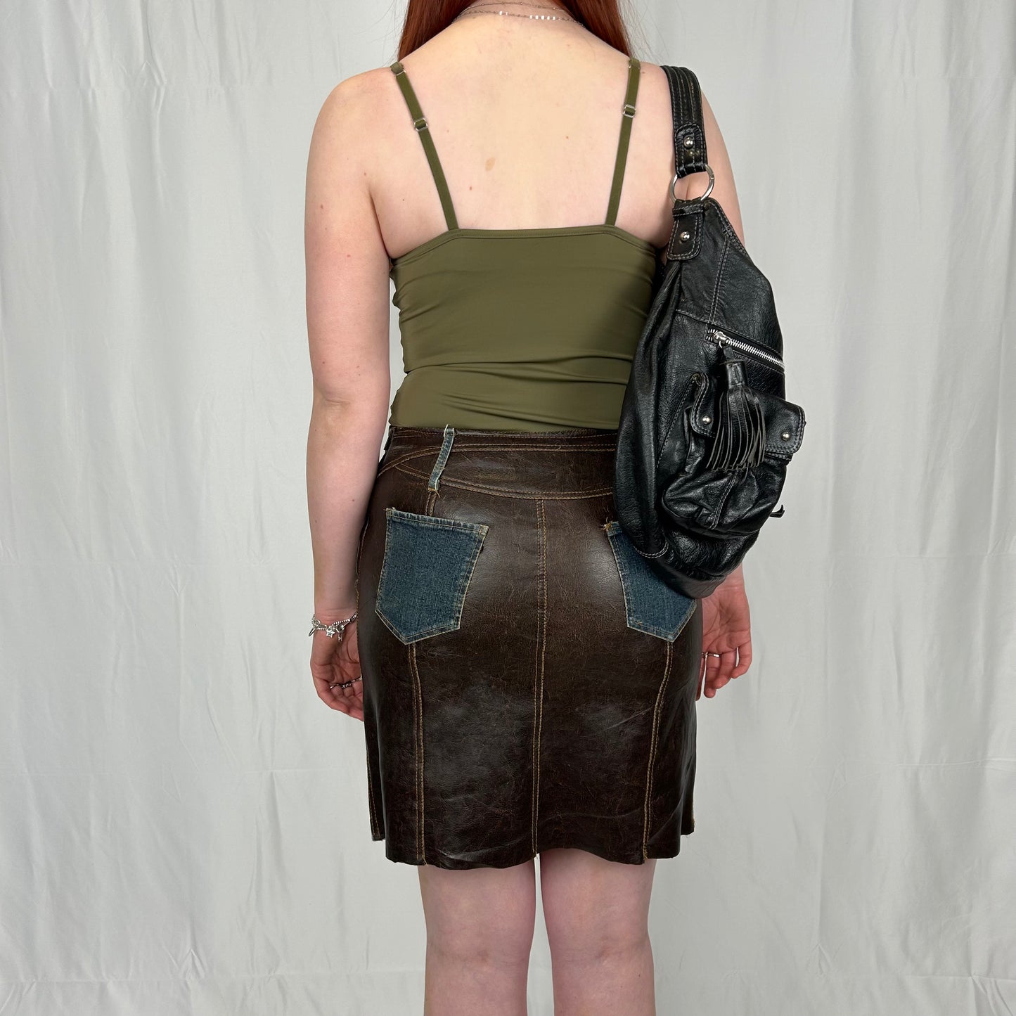 Vintage y2k style denim and leather midi skirt