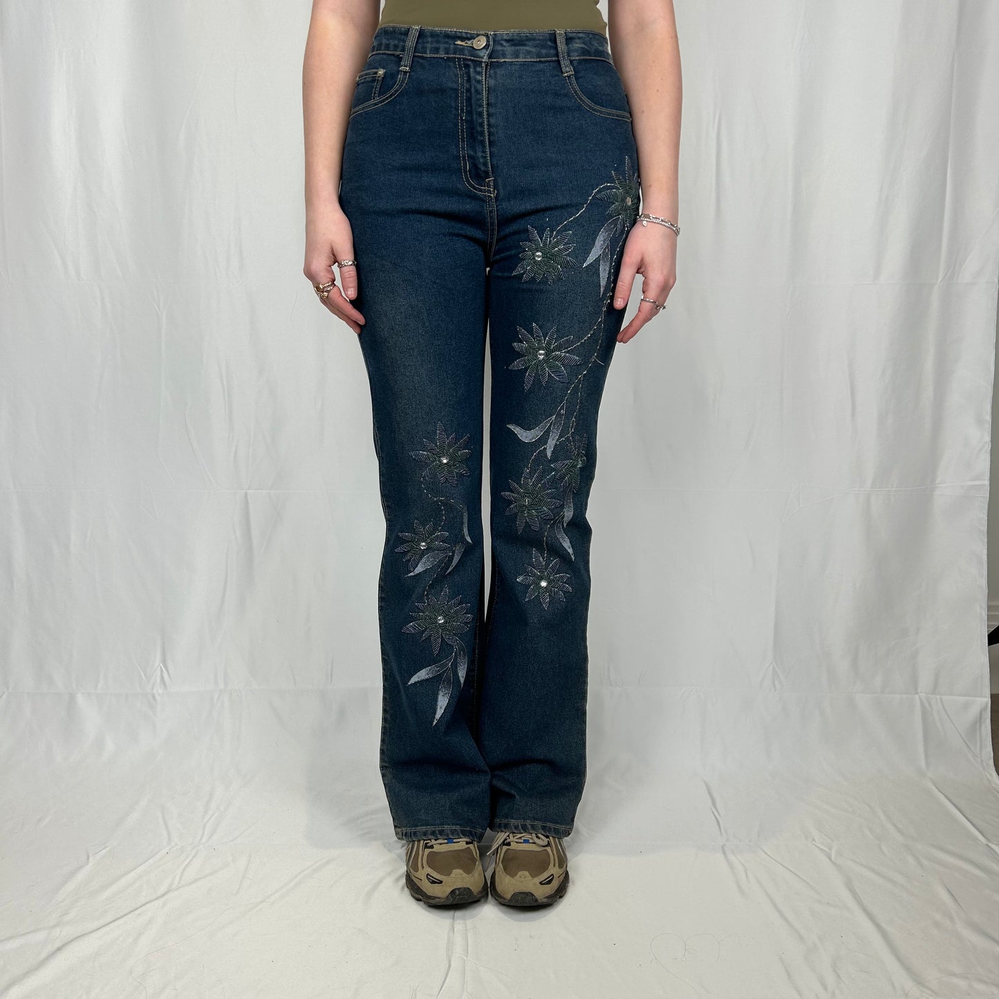 Vintage y2k style dark wash embroidered jeans