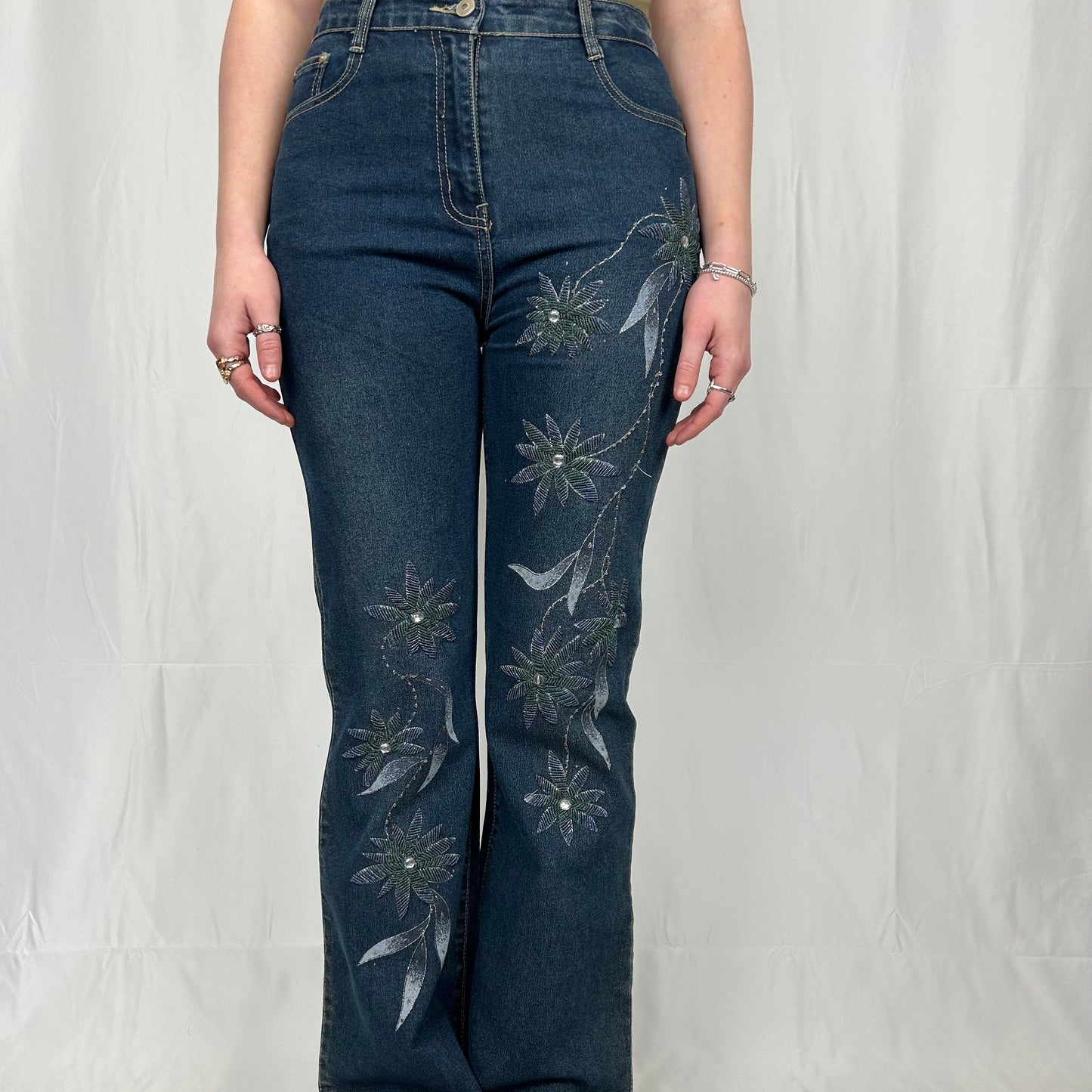 Vintage y2k style dark wash embroidered jeans