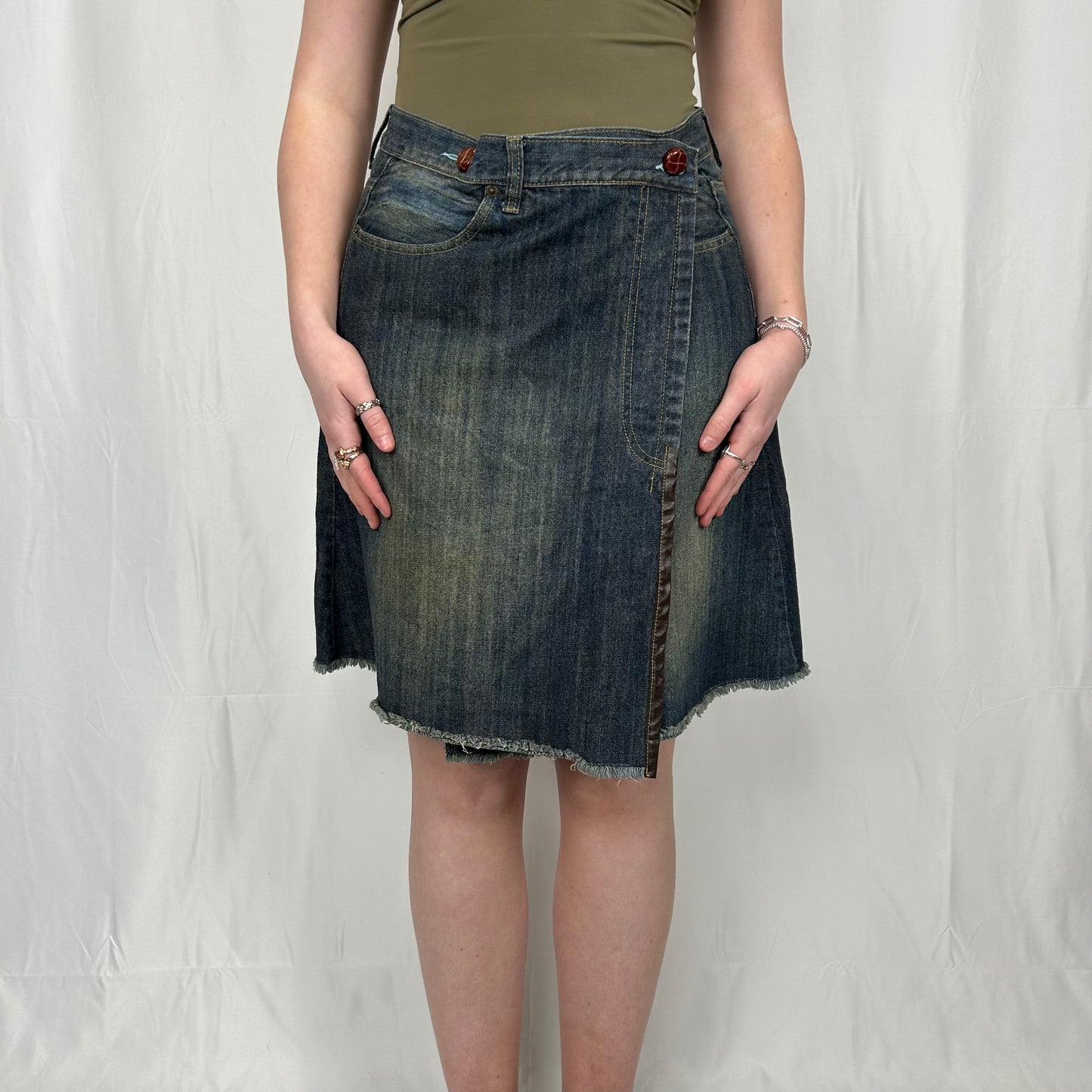 Vintage y2k style wrap faded denim midi skirt