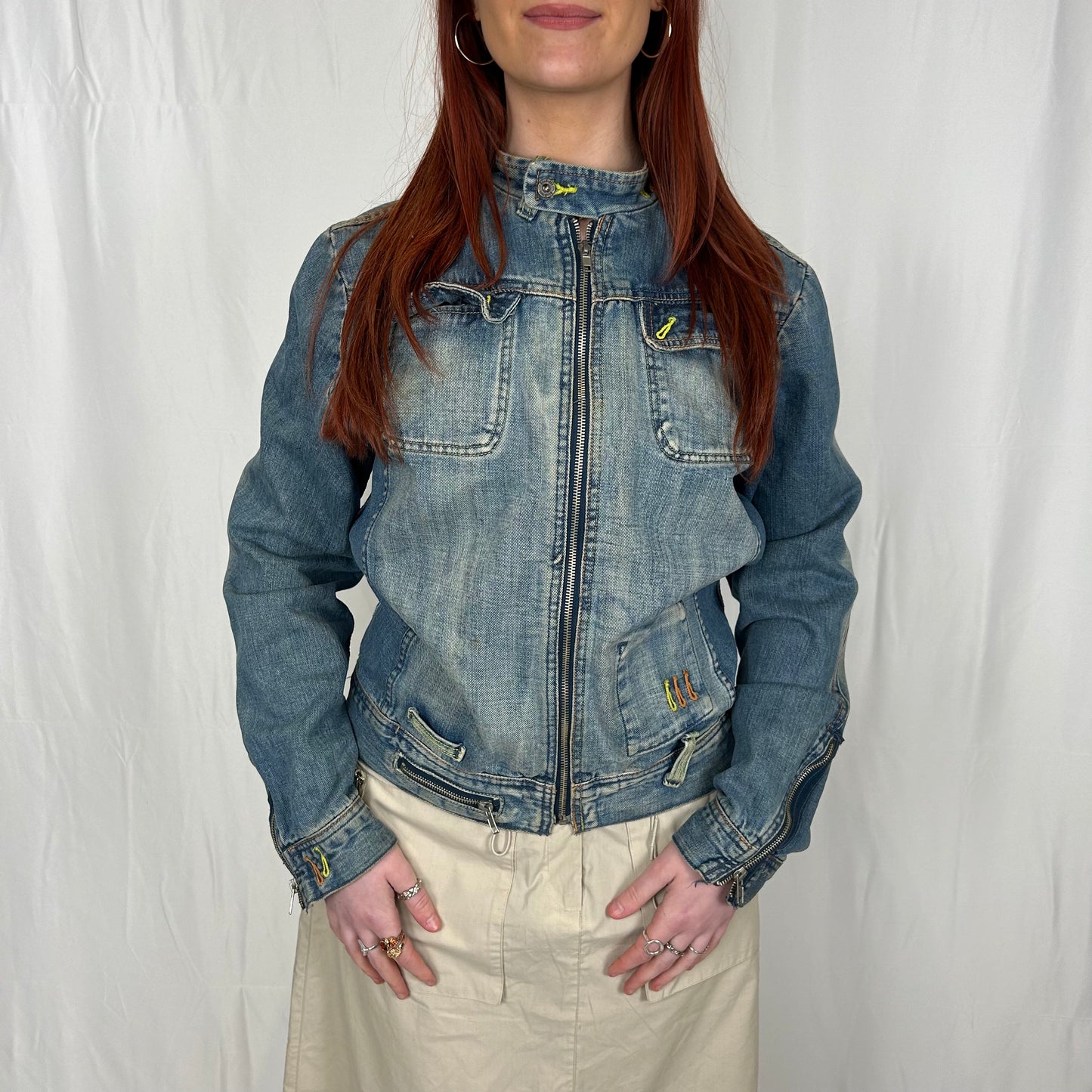 Vintage y2k style mid wash faded zip up denim moto jacket