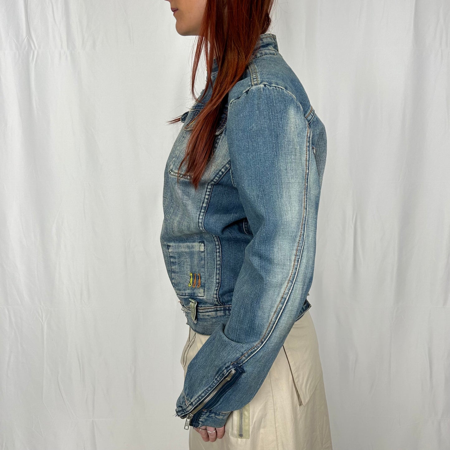Vintage y2k style mid wash faded zip up denim moto jacket