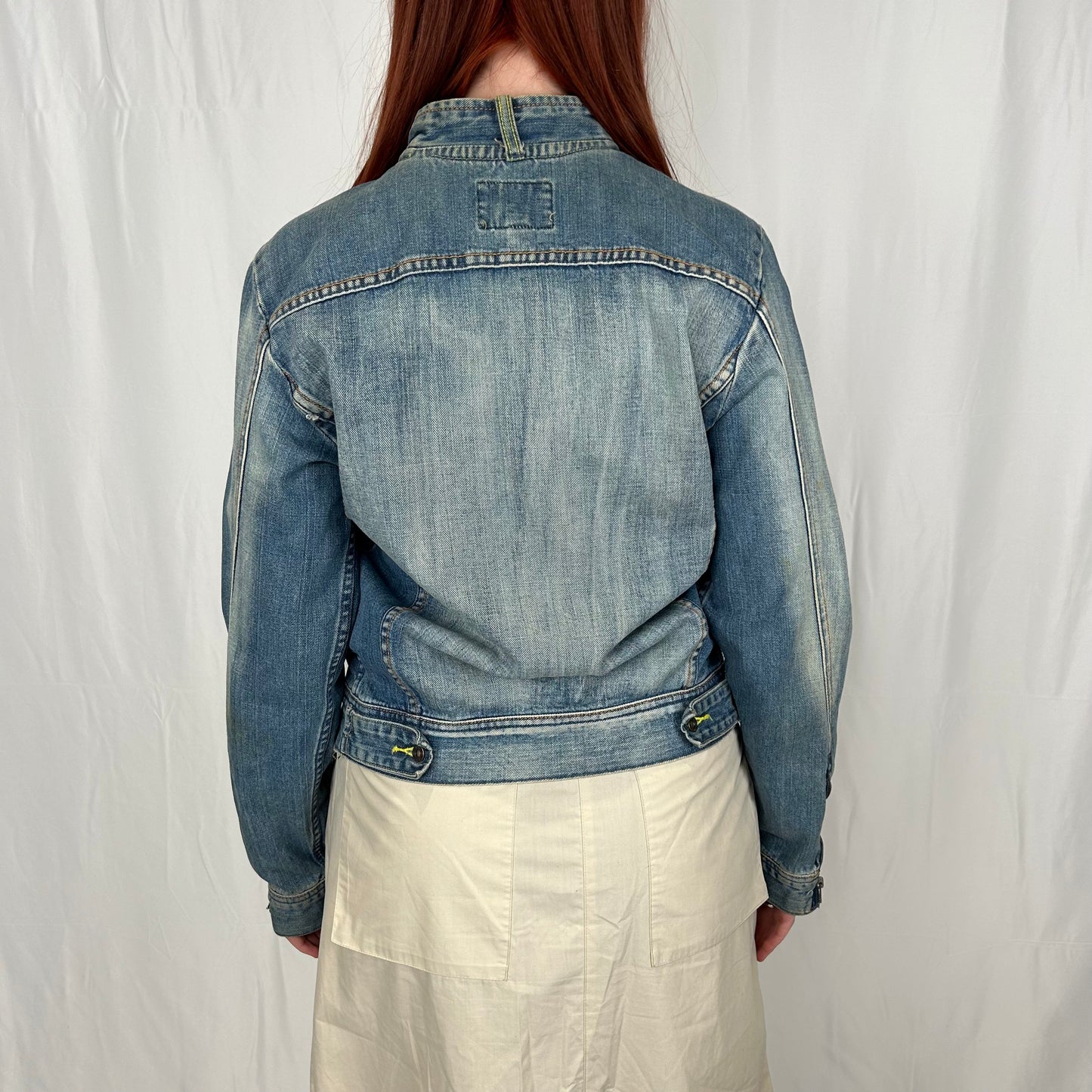Vintage y2k style mid wash faded zip up denim moto jacket