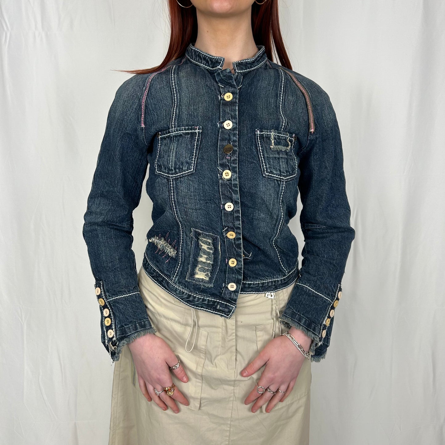 Vintage y2k style dark wash embroidered denim jacket